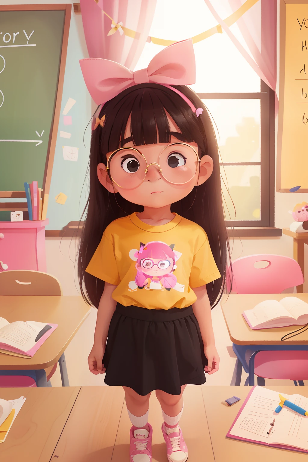 5 year old girl named Maria wearing yellow t-shirt, dark brown skirt, pink sneakers, black hair, bangs, bow with bow, long hair, straight hair, bangs, black eyes, wearing glasses, asking question in the classroom