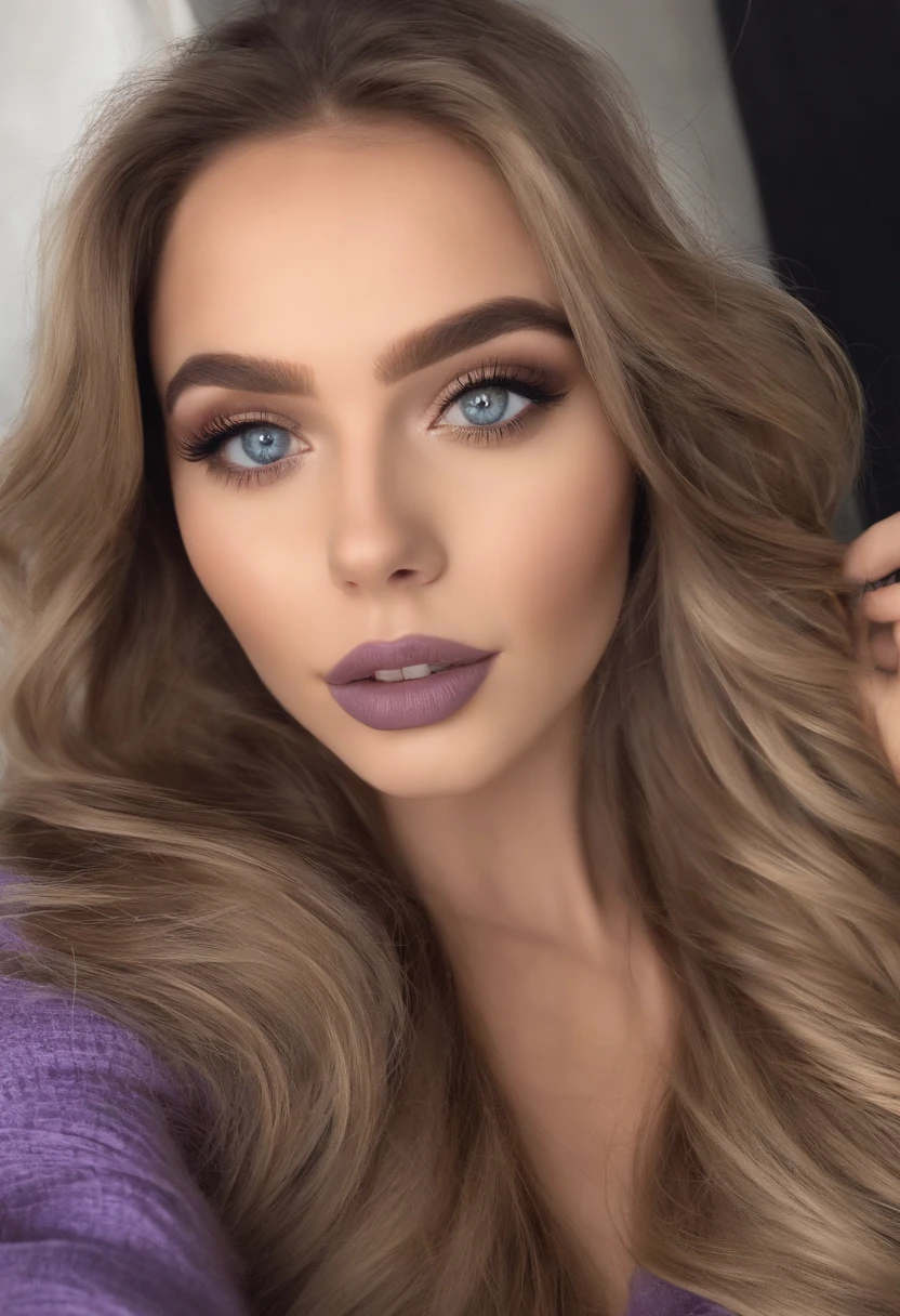 Femme Arafed en entier, Superbe fille aux yeux bleus, ultra-realistic, Meticulously detailed, portrait de Sophie Mudd, cheveux blonds et grands yeux, selfie of a young woman, Yeux de chambre, Violet Myers, pas de maquillage, maquillage naturel, Look directly into the camera, Visage avec Artgram, Maquillage subtil, Great photo of the whole body kneeling on the bed, dans la chambre, Medium to large bust.