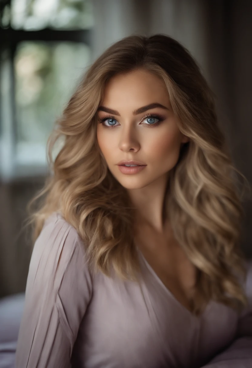 Femme Arafed en entier, Superbe fille aux yeux bleus, ultra-realistic, Meticulously detailed, portrait de Sophie Mudd, cheveux blonds et grands yeux, selfie of a young woman, Yeux de chambre, Violet Myers, pas de maquillage, maquillage naturel, Look directly into the camera, Visage avec Artgram, Maquillage subtil, Great photo of the whole body kneeling on the bed, dans la chambre, Medium to large bust.