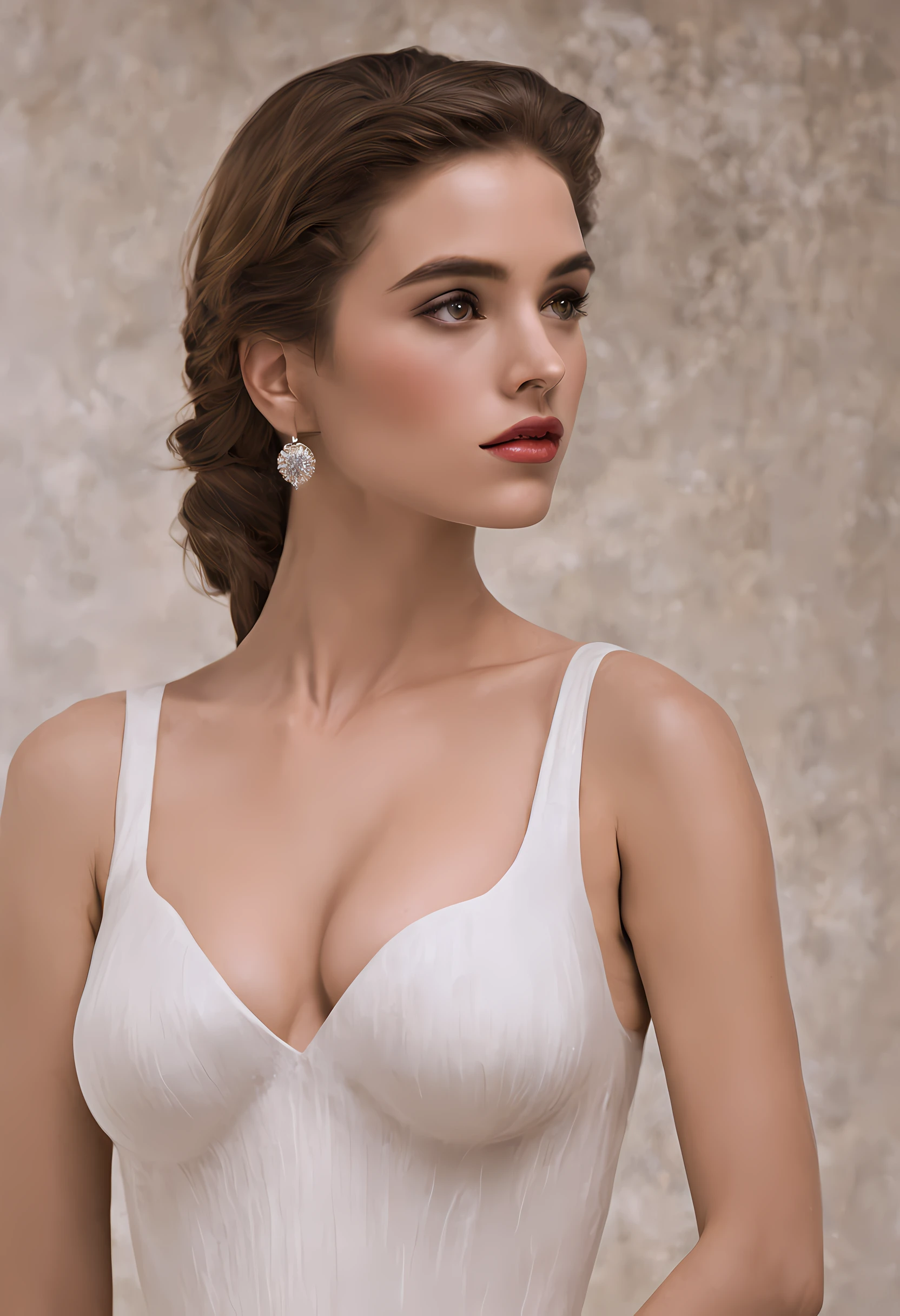 From above, ((Best Quality)), ((Masterpiece)), (Details), 1girl, she was wearing a revealing white dress. The nude body exposing the shoulders and navel, fit the body nude snugly and beautifully emphasized its curves. Her skin was white like ivory and soft and smooth to the touch. Her branded hair was straight and shiny pale. Her long hair ran down her back, making her figure look even more beautiful. Her eyes are large and deep indigo. Her lips were colored with cherry-colored lipstick and were plump and bulging. Her figure is somewhat mysterious and looks at the viewer. She was in a minimalist, simple and stark white room. Her face was beautifully trimmed and her eyes and nose were clear. The big black eyes were attractive with a deep and subtle glow. Her hair was long and lustrous, and her flowing beauty further enhanced her charm. Her mouth was small, and her well-formed lips were shining brightly. Her skin was smooth and very beautiful, almost silky. Her breasts and buttocks were large, and her thin waist was beautiful with its supple lines. , (large breasts, huge breasts, huge breasts, big breasts), long drooping, long drooping, nude