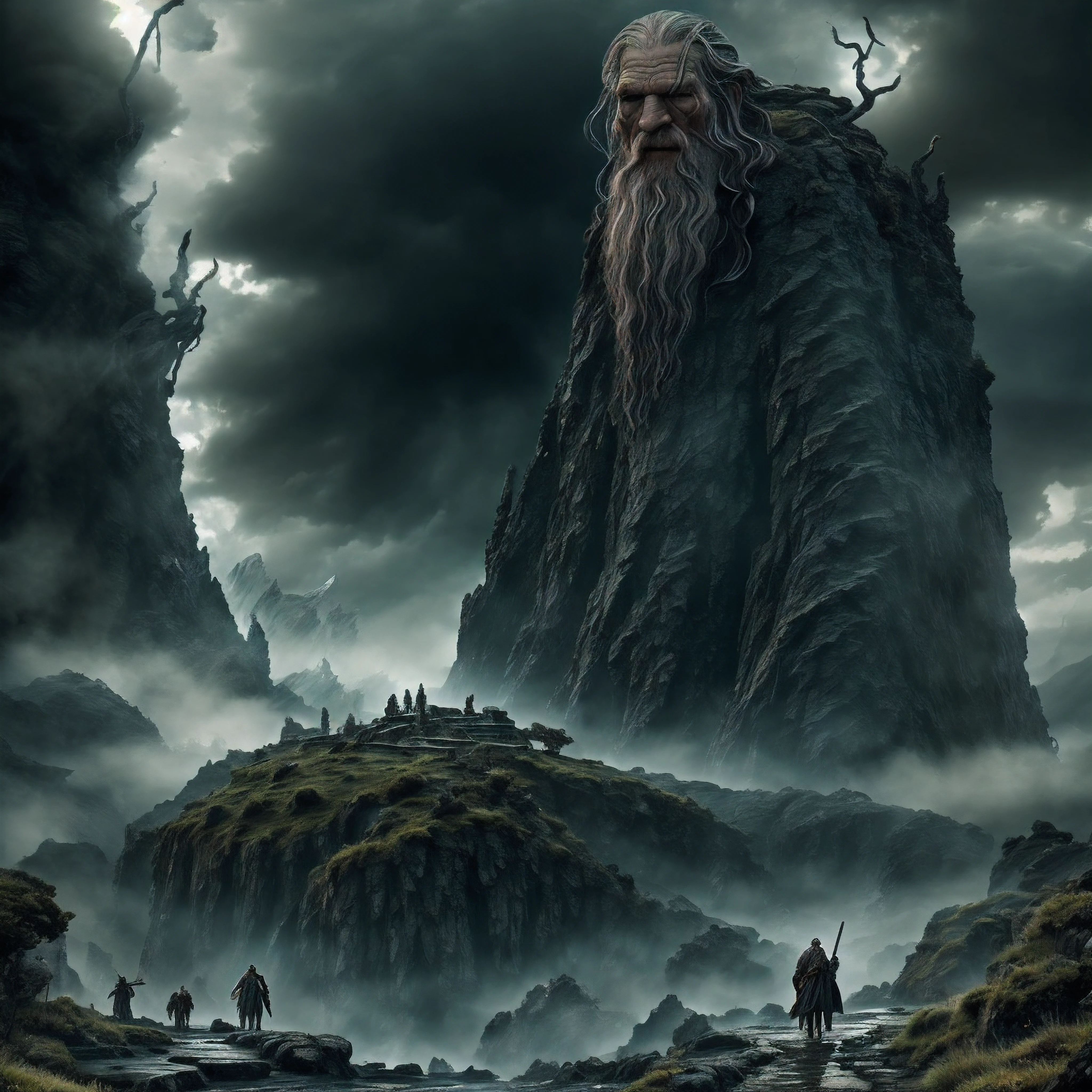 The foreboding landscape of Mordor stretches out before us, Mount Doom towering in the distance. Beneath the shadow of the mountain, a twisted creature stands, caught between the choice of good and evil. This creature has the gangly, emaciated frame of Gollum, but the wise, weathered face of Jeff Bridges. Around its neck hangs the One Ring on a chain, glinting gold and sinister. The creature clutches the Ring tightly, conflict etched on its face. Behind it, the fires of Mount Doom blaze orange and red, waiting to unmake the evil of the Ring. On either side stand immense, ancient dragons. Their scales shimmer emerald, sapphire, ruby - remnants of ancient magic. Their wings spread wide, guarding the path to the mountain. Their eyes glint with cunning and riddles. Will the creature answer their riddles and pass, or be consumed by flame and fang? Before the creature is a sheer cliff, the only path to the mountain. Far, far below, rivers of lava churn and bubble. The air shimmers with heat. In the distance, the ruins of Barad-dur rise through sulfurous fumes. The creature appears frozen in indecision, its fingers twitching upon the Ring. But then a flash of light coalesces beside it into the form of Gandalf the White. He places a hand firmly on the creature's shoulder, his eyes full of wisdom and kindness. Together, step by step, they begin the treacherous path to the fires of Mount Doom. The rich landscape stretches far into the distance, from the stunted vegetation clinging to ashen rock near the mountain, to the barely glimmering river far away, the last vestige of life in this bleak land. The vivid blues and greens in the painting contrast sharply with the hellish reds and oranges of Mordor, representing the timeless battle between good and evil.