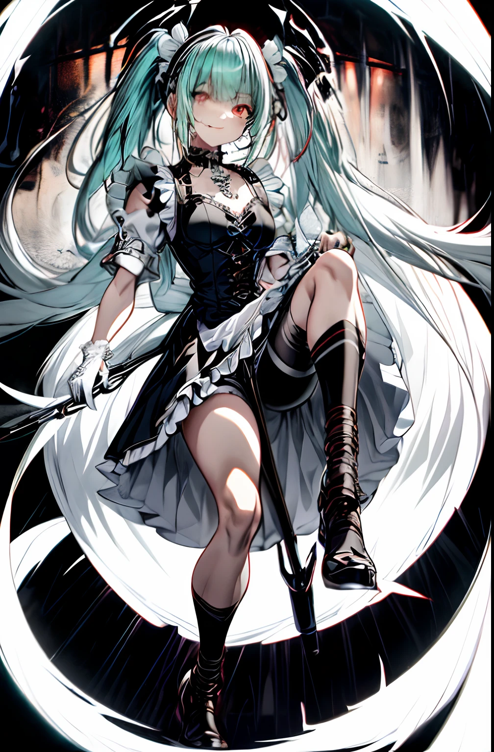 Full body、maid clothes、maid clothes、long、miku hatsune、Green hair、Twin-tailed、Ahegao ( Silly / Sexual ecstasy)、Cross-eyed、Stranger、View other people、Blunt bangs、 over-kneehighs,Ahegao , Silly,Sexual ecstasy,Drunken eyes,Blunt bangs, Green hair,(masutepiece:1.2, Best Quality), (finely detailed beautiful eye: 1.2), (Detailed background,Dark Fantasy), (beautifull detailed face), High contrast, (Best Illumination, extremely delicate and beautiful), ((Cinematic Light)), Colorful, Hyper Detail, Dramatic light, Intricate details,