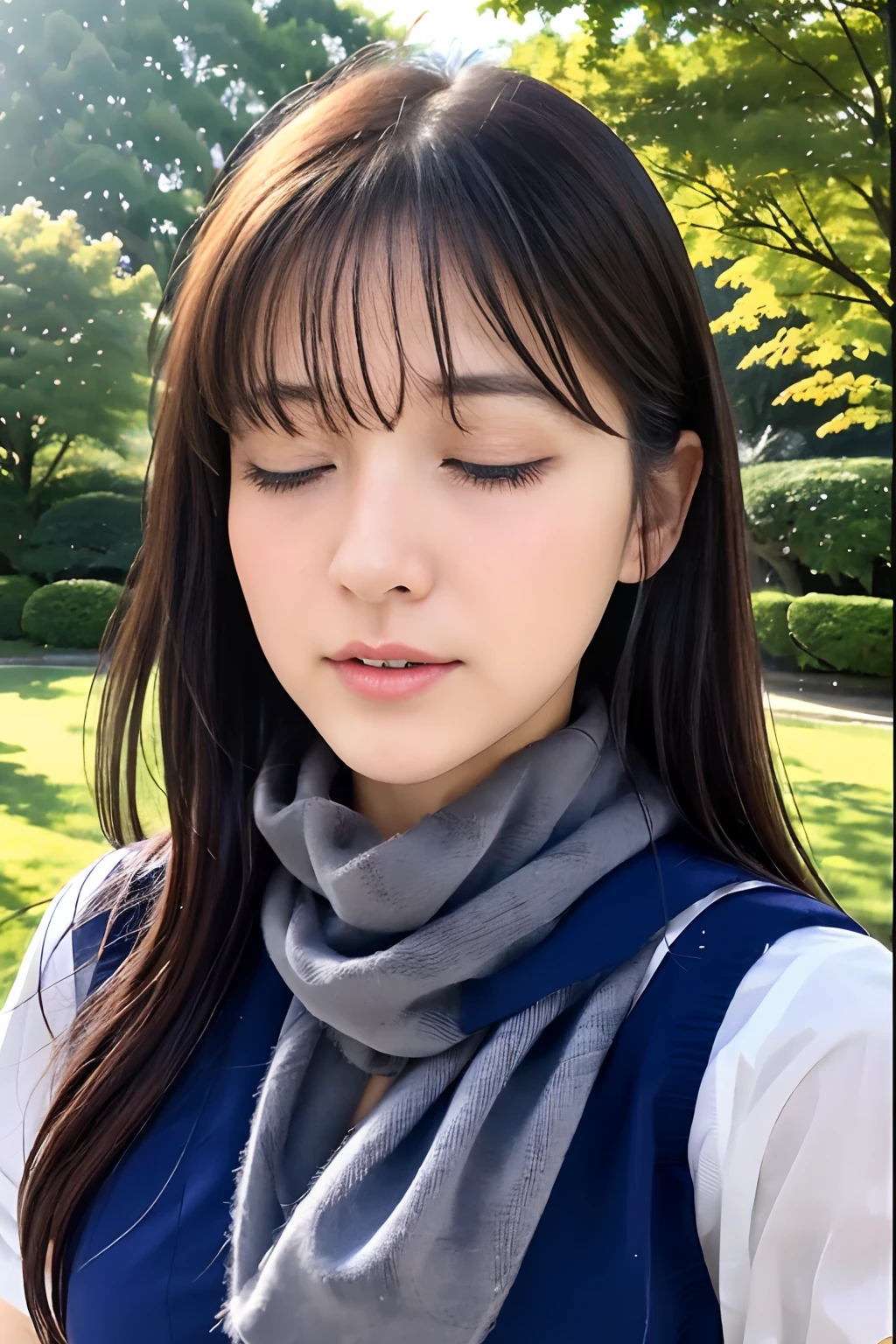 ((no-makeup、Close your eyes、closes mouth:1.2))、(realisitic、Photorealsitic、ultra-detailliert、Highest Details Skins、top-quality、​masterpiece、超A high resolution)、Cute Japan Woman、17 age、hi-school girl、younggirl、1 girl in、I have bangs、二重まぶた、drooing eyes、Japanese style face、purity、double tooth、Realistic skin type、Thick muffler、Grey muffler、fluffy hair、((Hair is inside the scarf:1.3))、Red cheeks、The wind is blowing、It's snowing、natta、illuminations、Lighting from behind