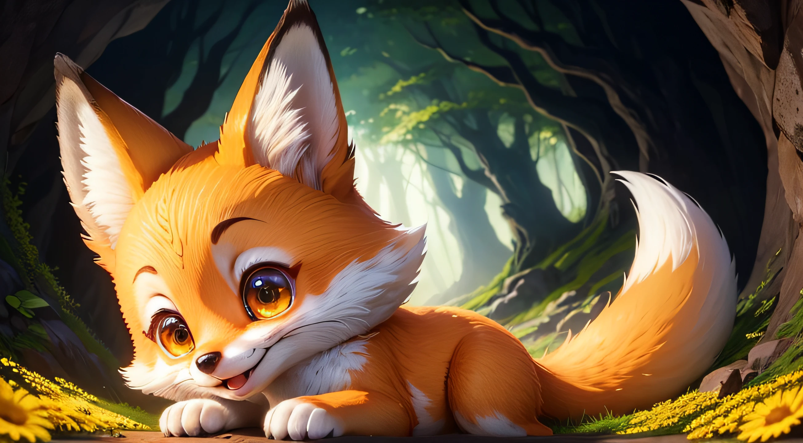 adorable fox inside a cave on Forest, awaking smiling, Close-up, back the Lens, Pixar Movie Style, best quality, Cinematic Movie Still, very cute, big eyes, brigth eyes, birds and yellow flowers around, yellow flowers inside cave, Opening your mouth, looking to horizon