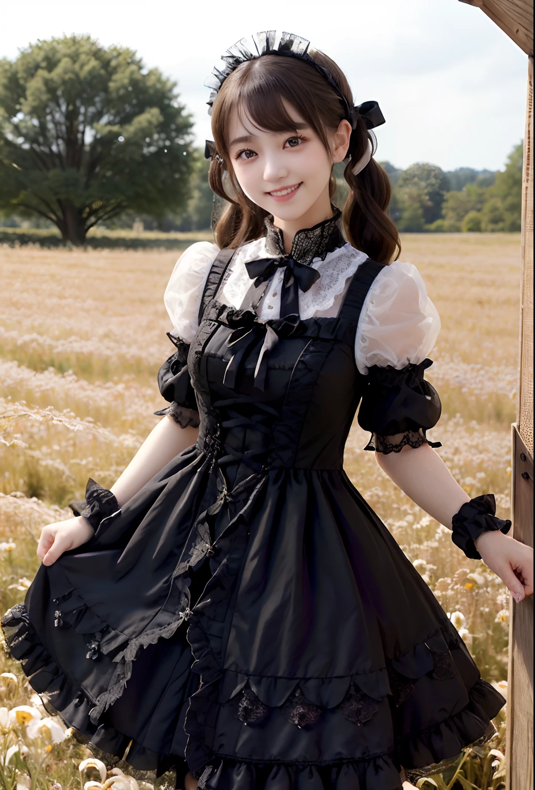 (Realistic:1.3), Finely detailed, quality, Rembrandt lighting, (masutepiece:1.2), (Photorealistic:1.2), (Best Quality), (Detailed skin:1.3), (Intricate details), Dramatic, Ray tracing, 1girl in, japanaese girl, 17 age、big eye、Smiling, twin-tail hair, Twin Loop Hair, (Esmanium),((jirai fashion)), ((Gothic Lolita Fashion、A short dress that is transparent, frilld, Lace)), bow ribbon, Convoluted, (flower field, Flowers, A clear day), NSFW,Random Poses