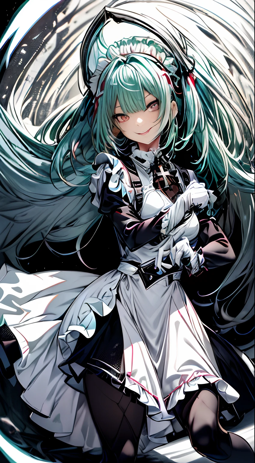 、Full body、maid 、maid clothes、long、miku hatsune、Green hair、Twin-tailed、Ahegao ( Silly / Sexual ecstasy)、Cross-eyed、Stranger、View other people、Blunt bangs、 over-kneehighs,Ahegao , Silly,Sexual ecstasy,Drunken eyes,Blunt bangs, Green hair,(masutepiece:1.2, Best Quality), (finely detailed beautiful eye: 1.2), (Detailed background,Dark Fantasy), (beautifull detailed face), High contrast, (Best Illumination, extremely delicate and beautiful), ((Cinematic Light)), Colorful, Hyper Detail, Dramatic light, Intricate details,