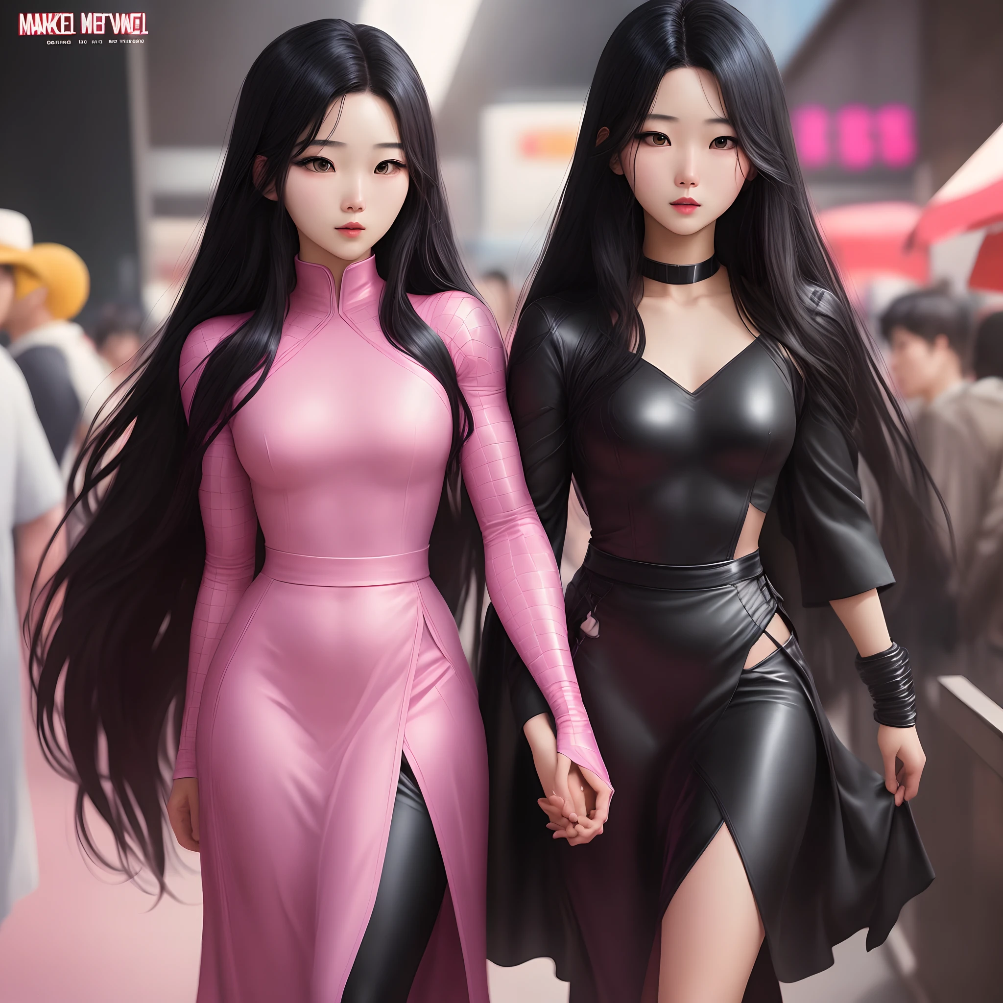 “Make me a Korean girl and their color scheme is pink with long black silky hair and also make it into a marvel comic art style.