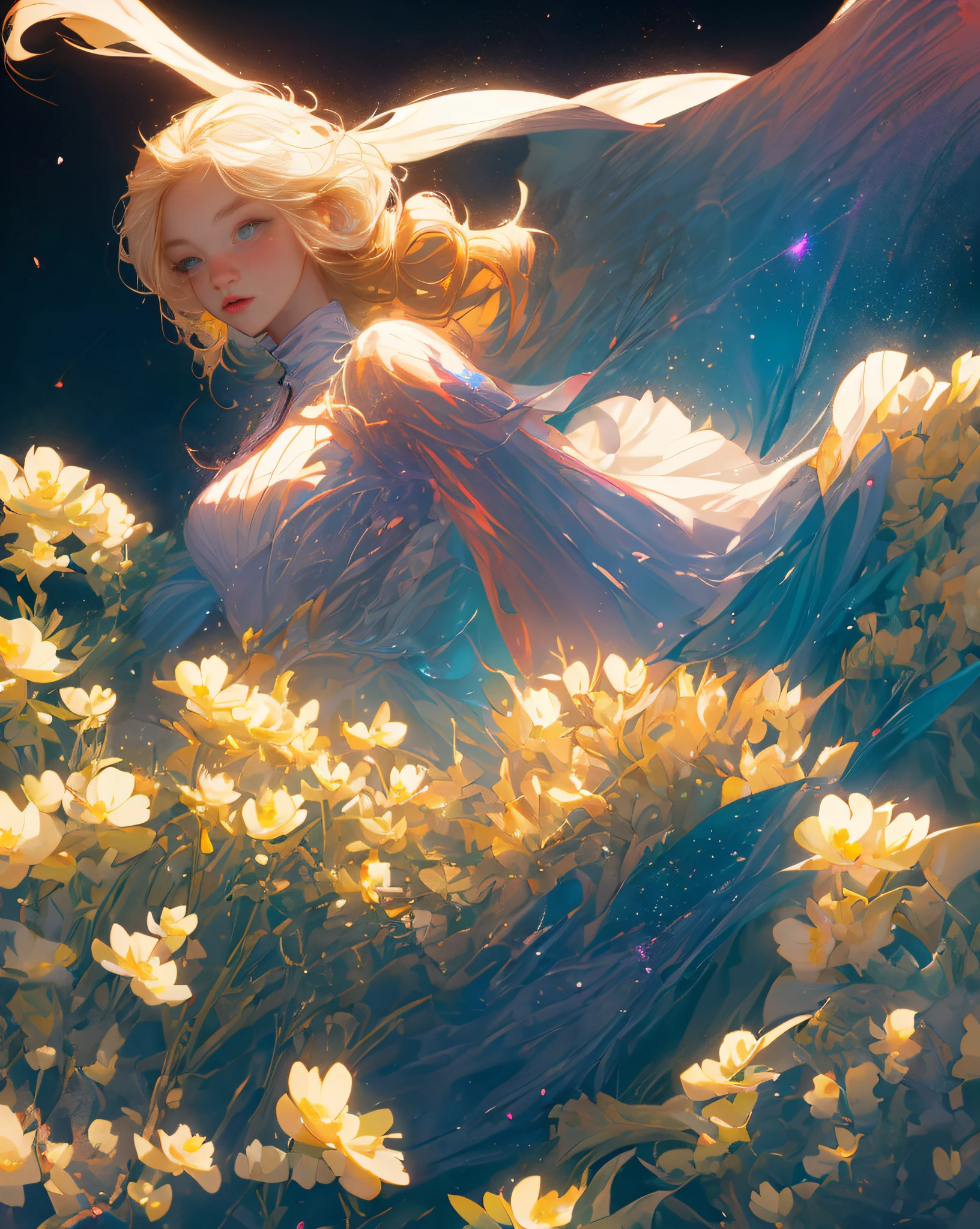 (best quality, masterpiece), 1girl, pose, particle, wind, flower, upper body, simple background, looking at viewer, blonde, galaxy,backlit,rimlight