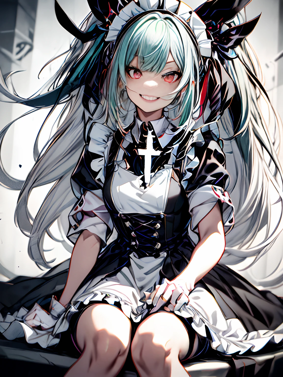 、Full body、maid 、maid clothes、long、miku hatsune、Green hair、Twin-tailed、Ahegao ( Silly / Sexual ecstasy)、Cross-eyed、Stranger、View other people、Blunt bangs、 over-kneehighs,Ahegao , Silly,Sexual ecstasy,Drunken eyes,Blunt bangs, Green hair,(masutepiece:1.2, Best Quality), (finely detailed beautiful eye: 1.2), (Detailed background,Dark Fantasy), (beautifull detailed face), High contrast, (Best Illumination, extremely delicate and beautiful), ((Cinematic Light)), Colorful, Hyper Detail, Dramatic light, Intricate details,