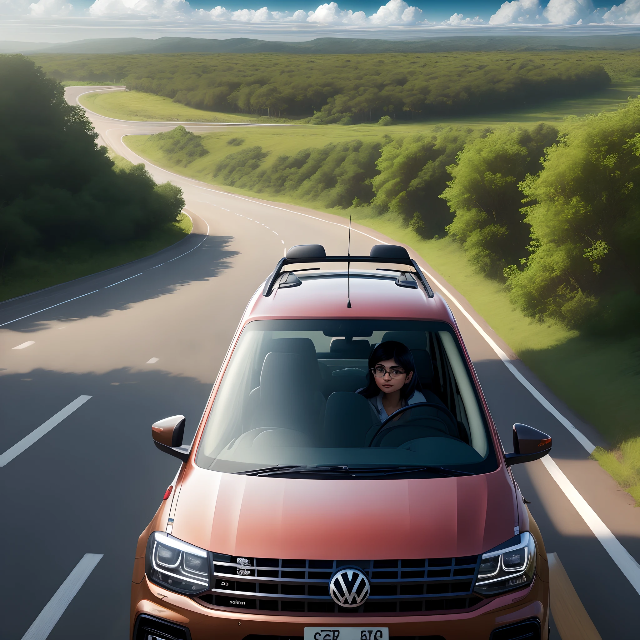 Mia Khalifa driving a Volkswagen Uno on the highway, paradisiacal scenery, clouds and trees, extremely realistic ultra HD