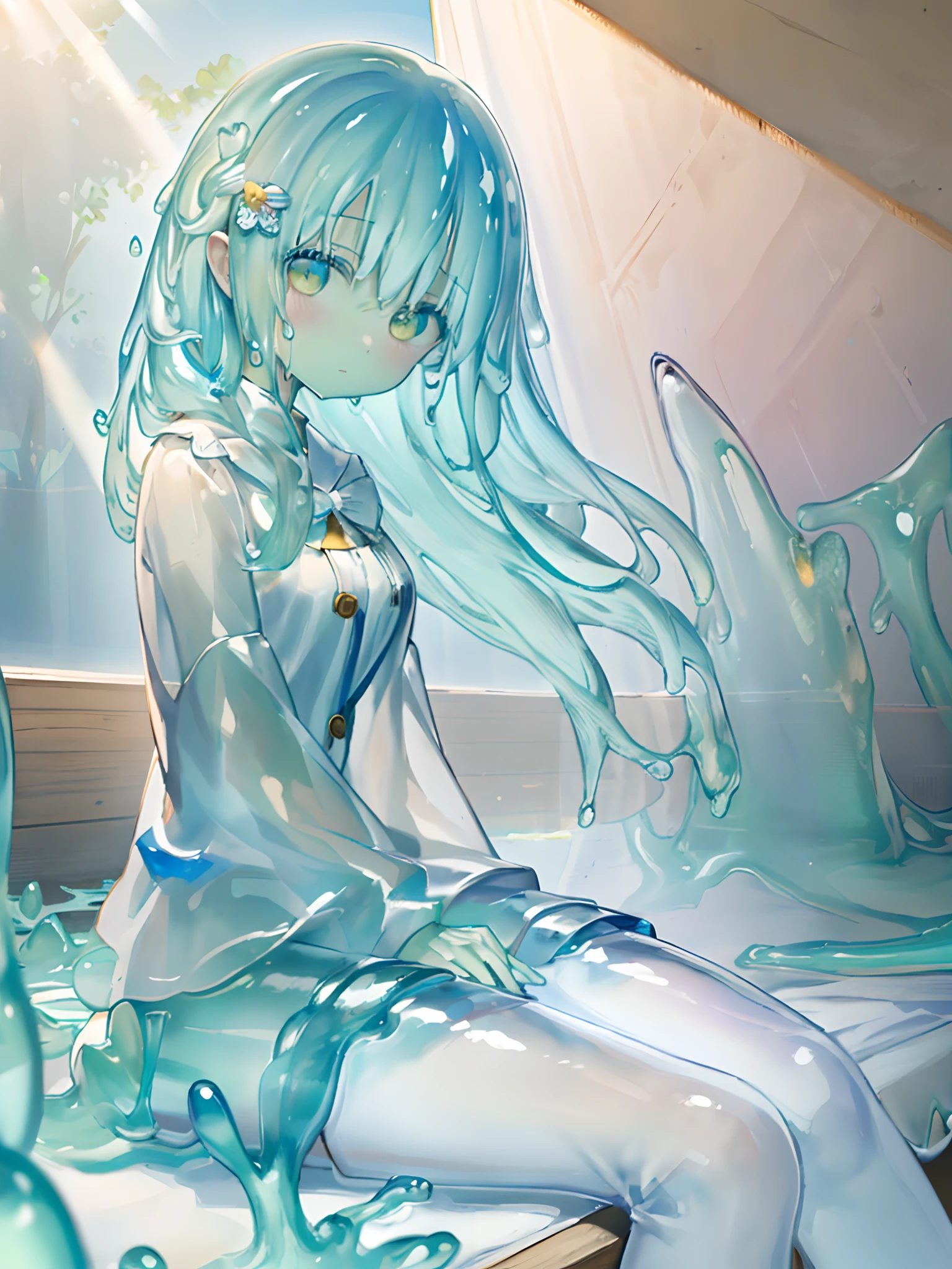 (masterpiece,best quality,ultra-detailed,best illustration:1.3), 1girl, (slime girl:1.3), ( transparent:1.3), (see-through:1.1),sitting, white highhighs, (refraction,reflection:1.1) , transparent face,transparent body,transparent skin,sunshine day