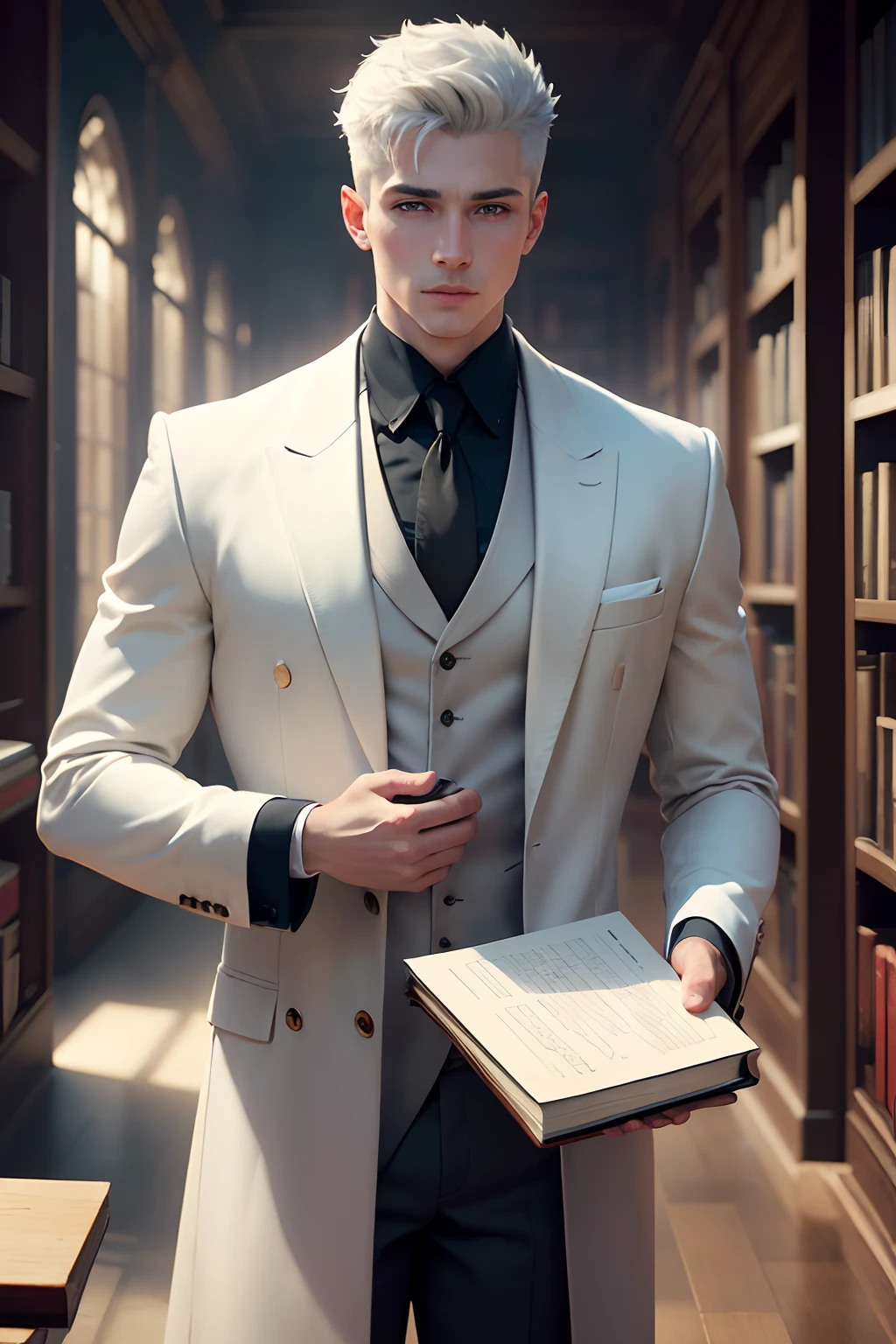 (masterpiece, best quality, 8k, sharp focus, depth of field, best shadows, perfect lights, HDR, realistic skin texture, ultra detailed background), young adult, male, white short hair, white skin, blue eyes, black overcoat, holding a book, library background