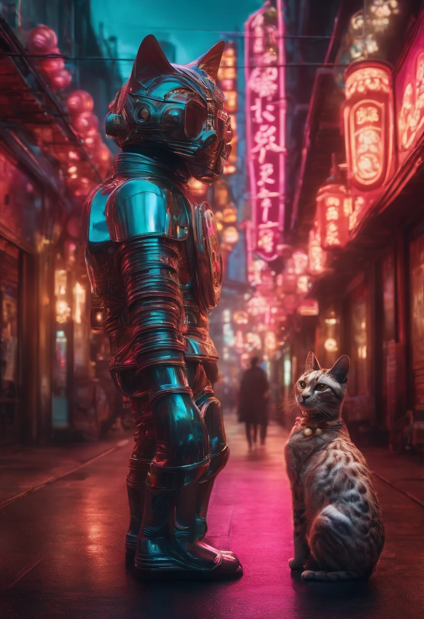 In a surrealist metropolis bathed in neon hues, a pearlescent android resembling a Japanese deity caresses a gas mask-wearing feline companion made entirely of metallic threads.
