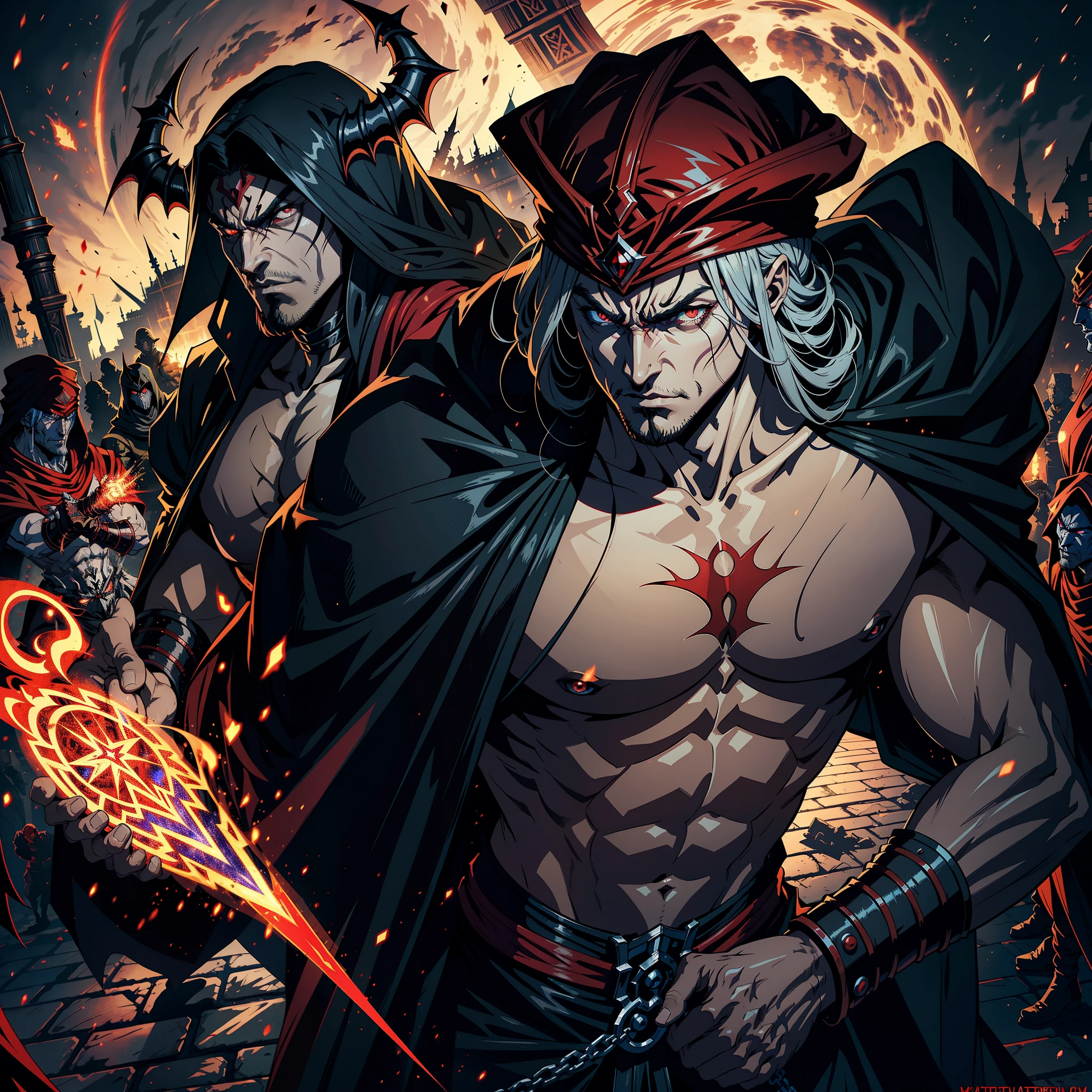 Castlevania Hyper Realistic Shadow Lord Super Detailed Dynamic Shot Master Piece of Lord Dracula Medieval Arab Warrior with Red Turban Scary Face Hokuto No Ken Structure Muscular Face Kenshiro Troops at the head Army of demons to fight sharp details Cinematic Scenes Epic Movie Movie Hyper Realistic Movie Legendary Movie Epic Movie Epic Movie