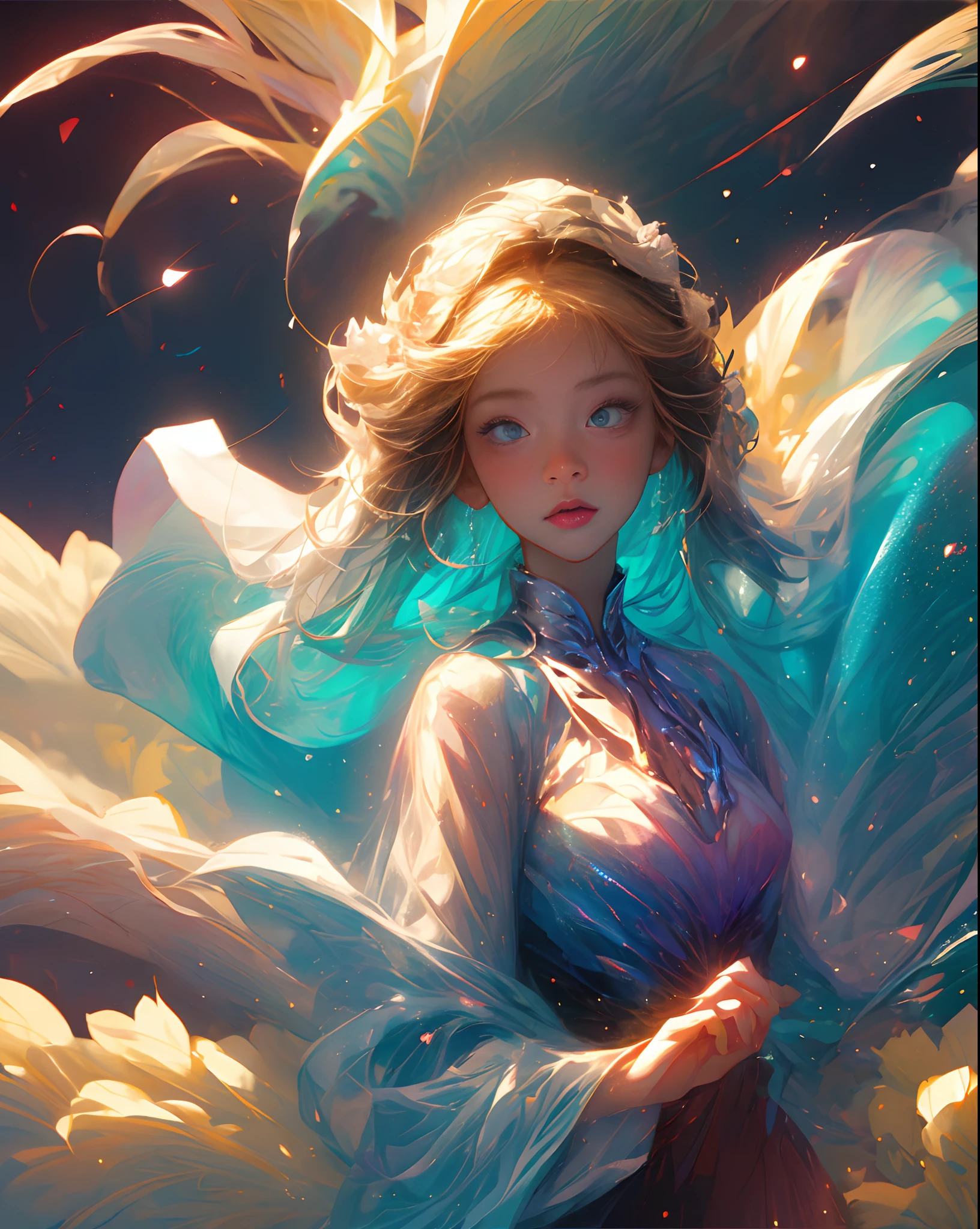 (best quality, masterpiece), 1girl, pose, particle, wind, flower, upper body, simple background, looking at viewer, blonde, galaxy,backlit,rimlight