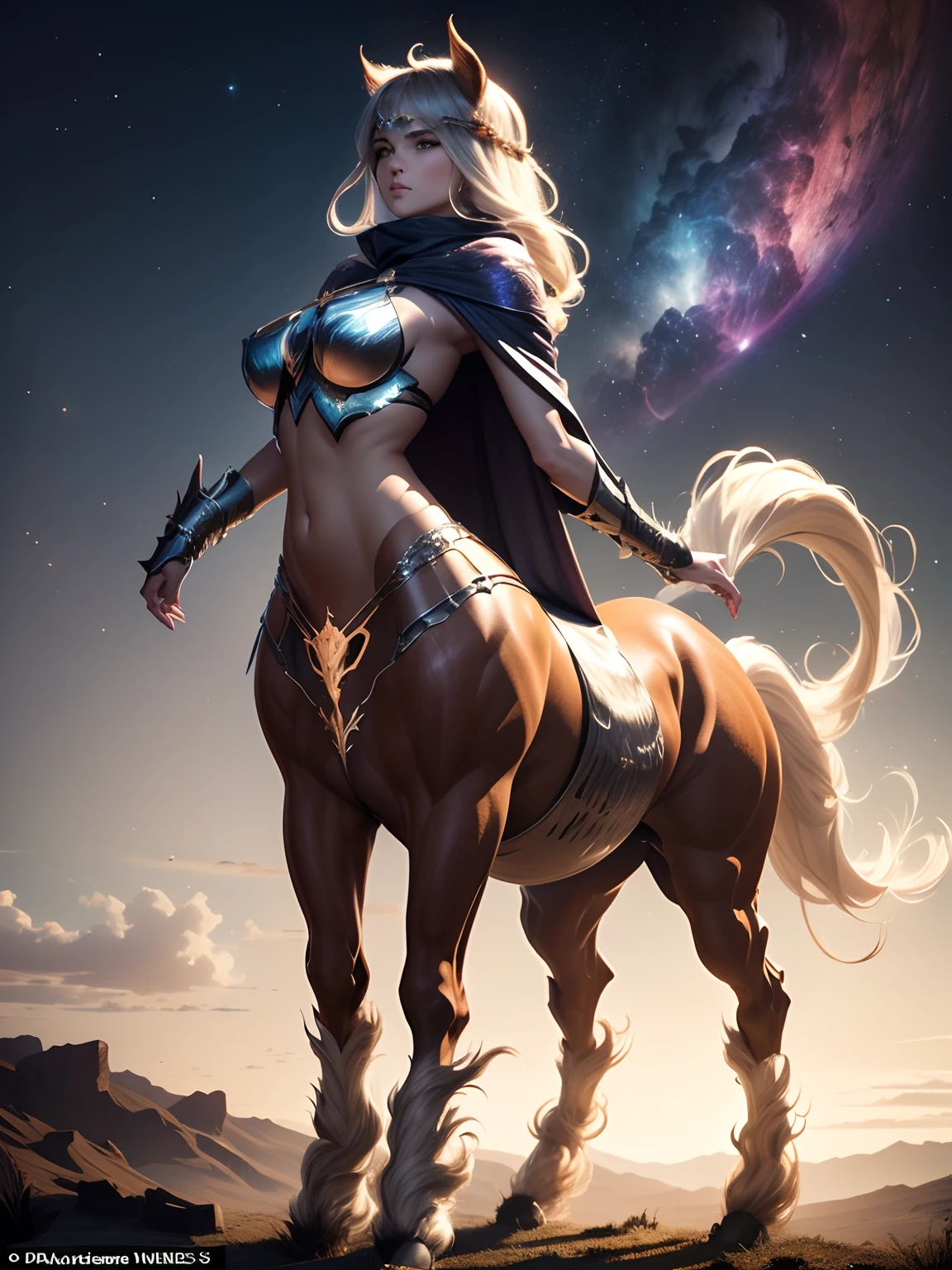 A cosmic traveler with a majestic cloak, wearing a nebula cloak that is filled with stars. The cloak has a galactic silhouette that envelops the figure, creating a sense of mystery and awe. The traveler's cloak is intricately detailed, showcasing the beauty of the universe. The figure is a centaur, combining the grace and power of a horse with the wisdom and strength of a human. The image is of the highest quality, with ultra-detailed and realistic rendering. The colors are vibrant and vivid, with a wide range of hues inspired by the cosmic palette. The lighting is atmospheric, with soft shadows and highlights that accentuate the figure and the cloak. This artwork captures the essence of the cosmic journey, inviting the viewer to explore the wonders of the universe, View from above