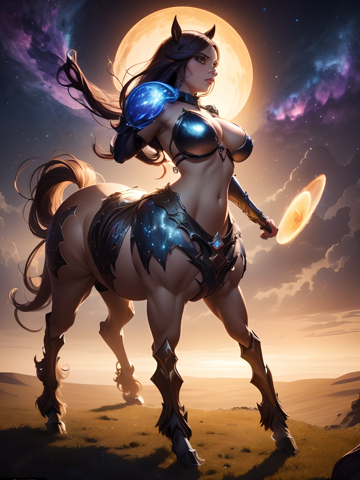 A cosmic traveler with a majestic cloak, wearing a nebula cloak that is filled with stars. The cloak has a galactic silhouette that envelops the figure, creating a sense of mystery and awe. The traveler's cloak is intricately detailed, showcasing the beauty of the universe. The figure is a centaur, combining the grace and power of a horse with the wisdom and strength of a human. The image is of the highest quality, with ultra-detailed and realistic rendering. The colors are vibrant and vivid, with a wide range of hues inspired by the cosmic palette. The lighting is atmospheric, with soft shadows and highlights that accentuate the figure and the cloak. This artwork captures the essence of the cosmic journey, inviting the viewer to explore the wonders of the universe, View from above
