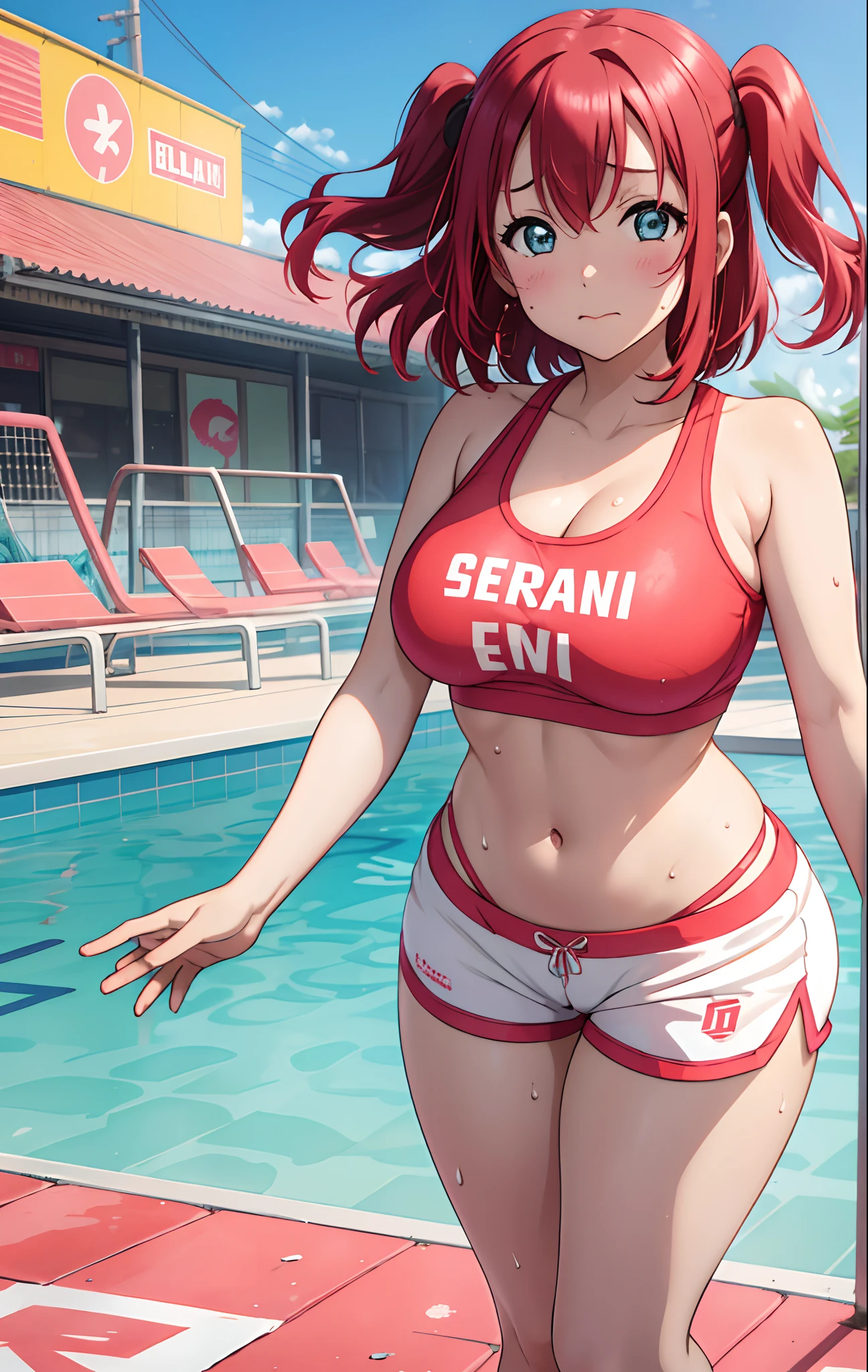 Kurosawa ruby,pink Crop top, white tight shorts ,soaked in sweat,sweaty, heavy breathing,red face,blunt hair,curvy body, standing, string thong bikini,whale tail ,thong