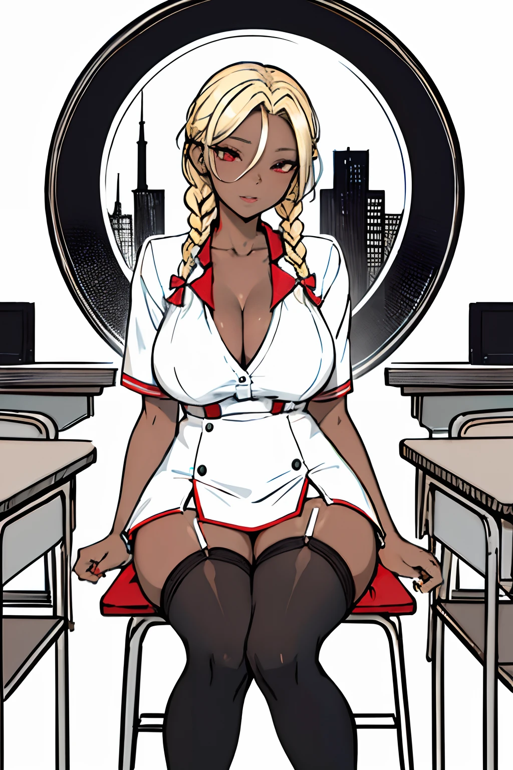 (masterpiece:1.2, best quality), 1lady, solo, 21 year old adult, school uniform, classroom, day, sit, blonde, long thick twin braids,red eyes, open collarbone, darkskin, (open breasts:1.1), big tits cleavage, thigh high stockings,  pussy slip, perfect , pussy view, lineart, monochrome,