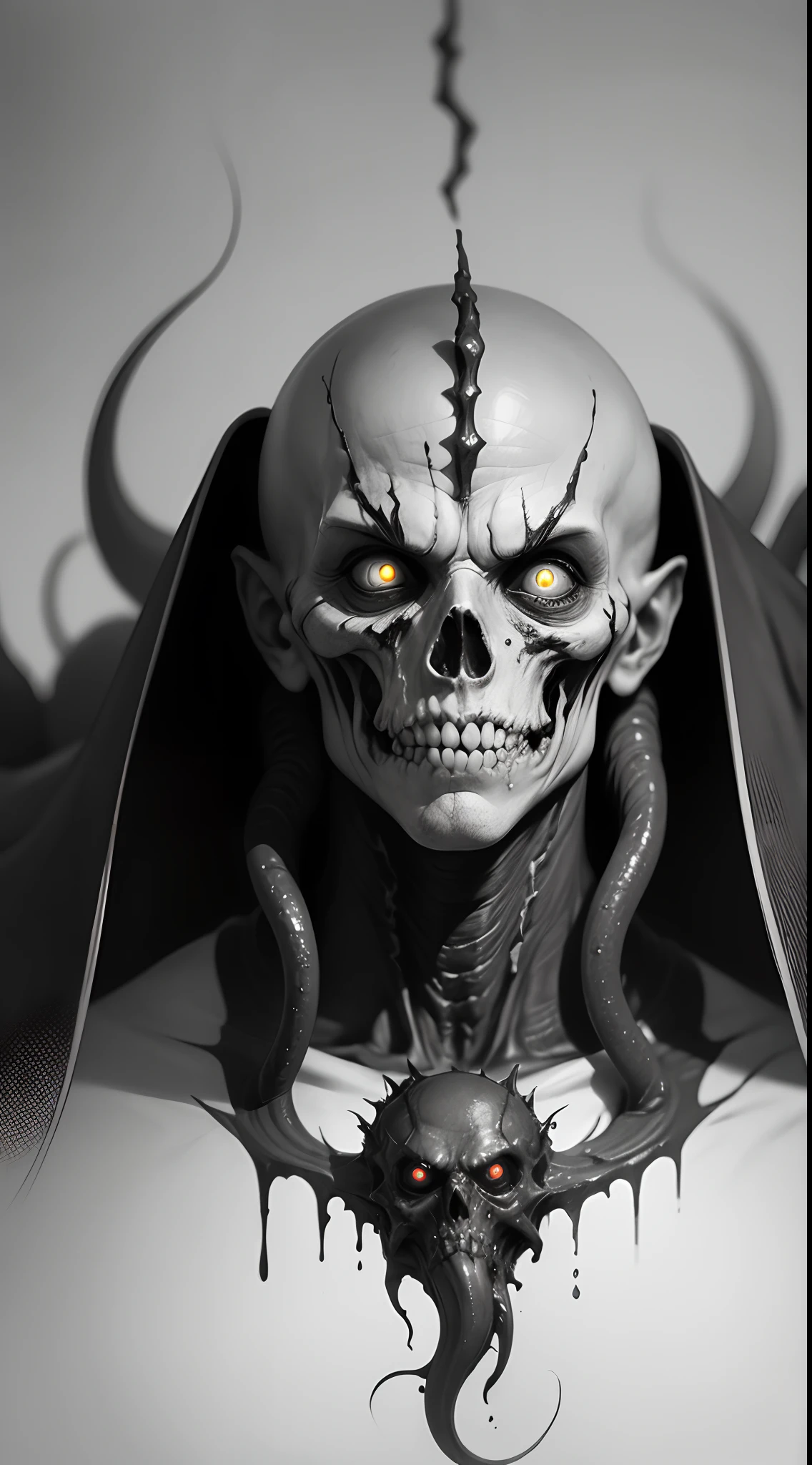 vecna, highres, 1boy, bald, black_border, eldritch_abomination, graphite_(medium), greyscale, looking_at_viewer, monochrome, devil_diabolic, horror_body cinematic portrait, (monster:1), (no_nose), terror_scifi, japanese horror style, solo, (tentacles), (traditional_media), ((veins)), veins_tentacles, white_eyes