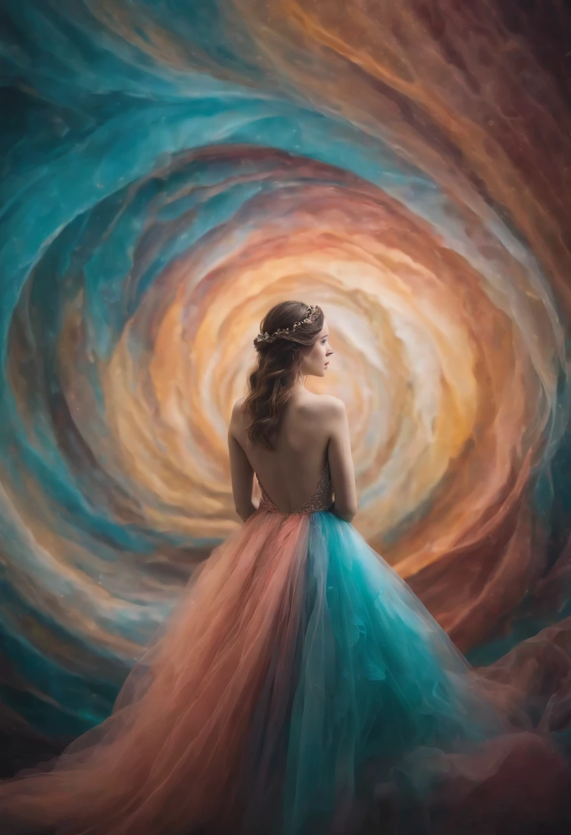 A photograph that captures the poetic symbolism of a solitary figure amidst an abstract sea of swirling colors, representing the ephemeral nature of dreams and the fusion of reality and imagination.