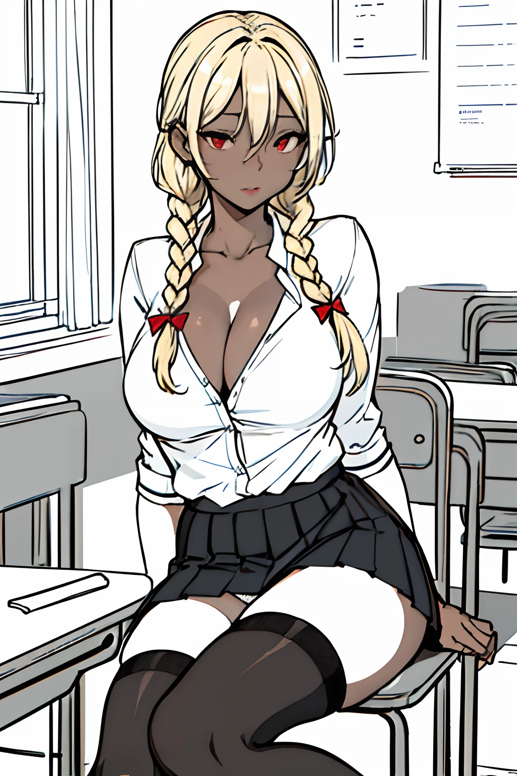 (masterpiece:1.2, best quality), 1lady, solo, 21 year old adult, school uniform, classroom, day, sit, blonde, long thick twin braids,red eyes, open collarbone, darkskin, (open breasts:1.1), big tits cleavage, thigh high stockings,  pussy slip, perfect , pussy view, lineart, monochrome,