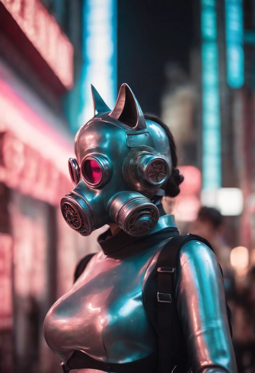 In a surrealist metropolis bathed in neon hues, A pearly android resembling a Japanese deity caresses a gas-mask-wearing feline companion made entirely of metallic threads.