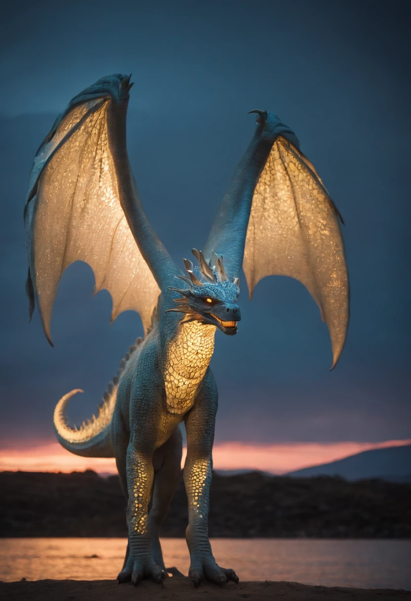 Em uma sinfonia de tons vibrantes, How the sun sets beyond the horizon, A Colossal Creature Emerges From Shimmering Reflections. Its phosphorescent scales glow at dusk, casting an ethereal glow. With mystical grace, The luminescent titan soars through the skies, Embracing the night with its magnificent wings.