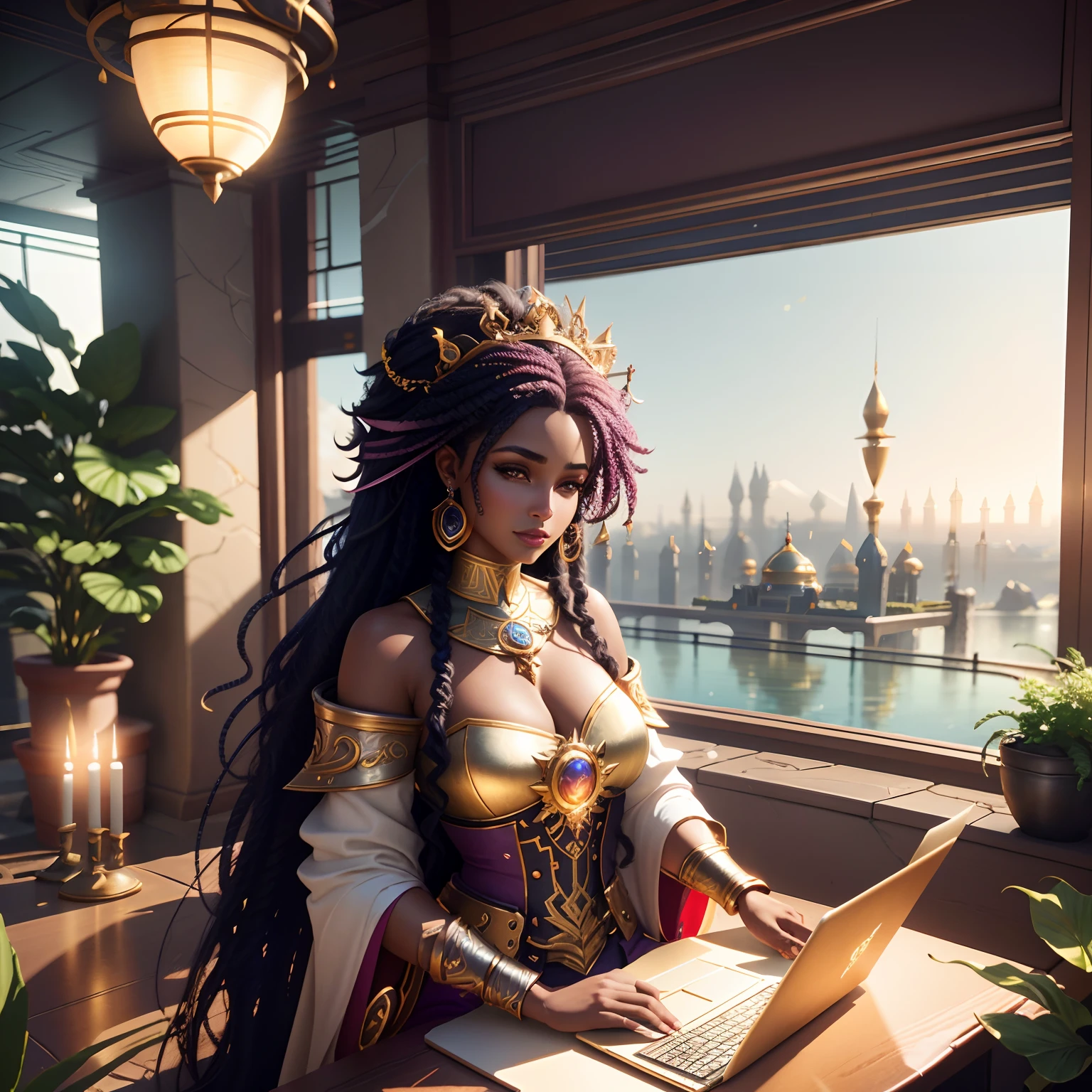 there is a woman sitting at a table with a laptop, samira from league of legends, ornate cosplay, fantasy style 8 k octane render, a beautiful fantasy empress, unreal engine render + a goddess, (octane render) fantasy style, cinematic goddess shot, in a cyberpunk setting, realistic fantasy render, dressed as an oracle, high quality fantasy stock photo