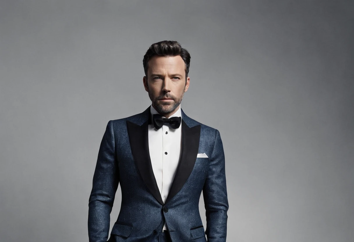 A Photograph capturing a surrealist vision: ben affleck in a fashion-forward pose. Showcase the elegance and sophistication of his attire and posture.