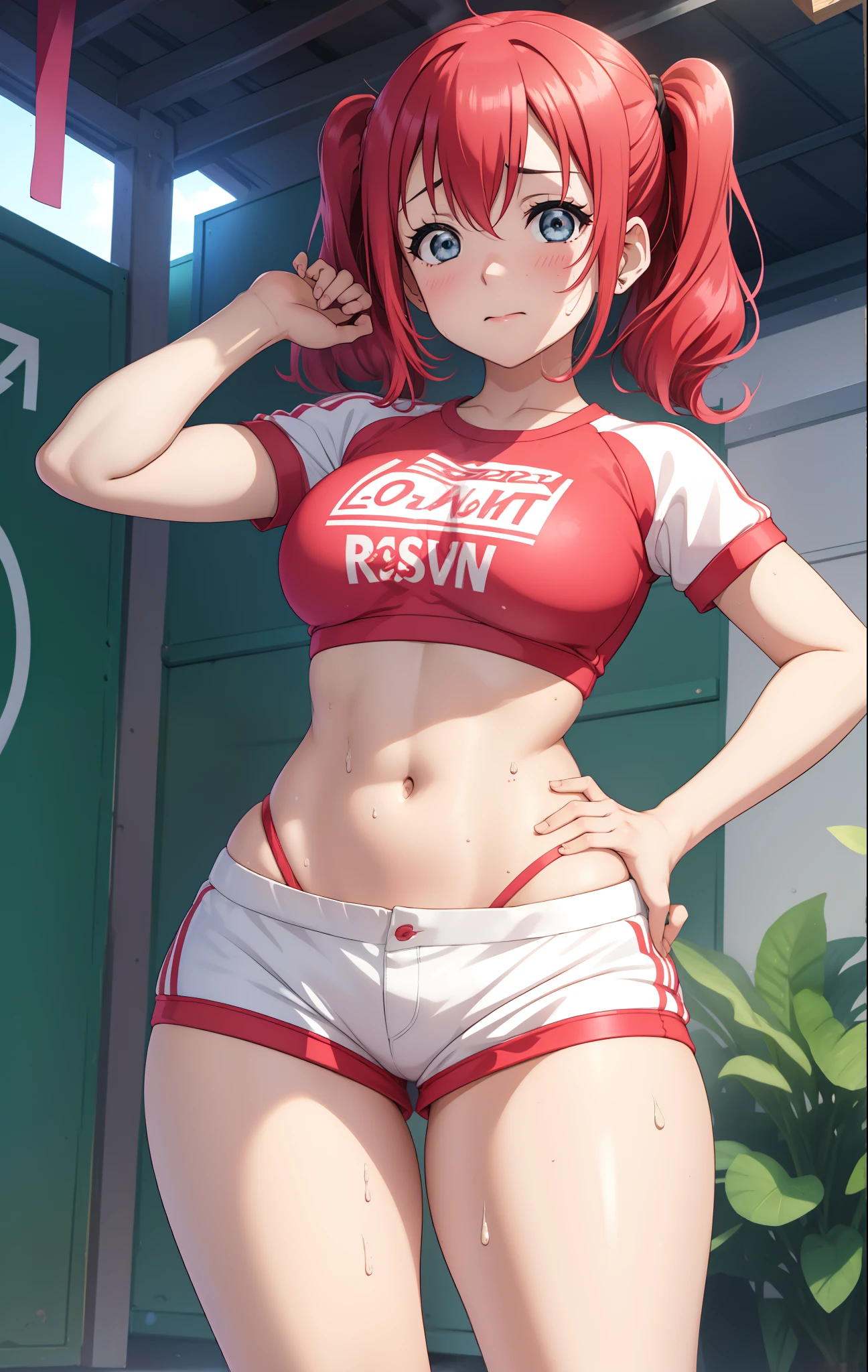 Kurosawa ruby,pink Crop top, twintails ,white tight shorts ,soaked in sweat,sweaty, heavy breathing,red face,blunt hair,curvy body, standing, string thong bikini,whale tail ,thong,hand on hip