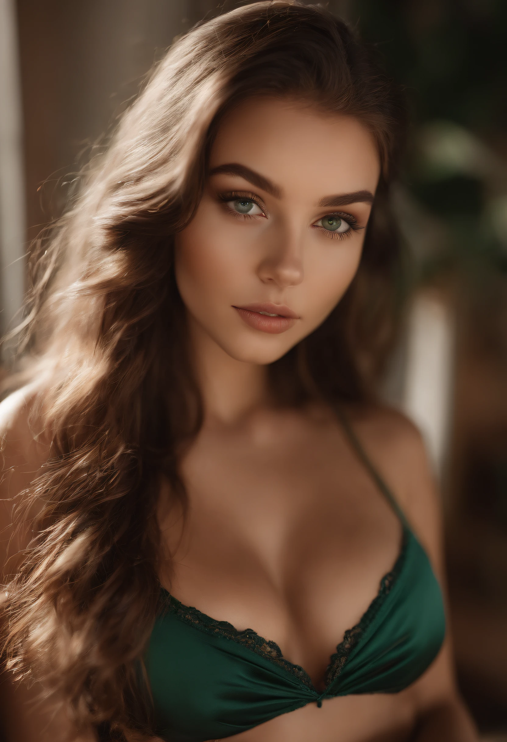 arafed woman with big breast posing on a bed, sexy look at the camera, sultry smirk, sexy face, portrait sophie mudd, sexy girl with green eyes, stunning closeupheadshot, perfect face ), miranda kerr, jaw dropping beauty, sexy gaze, cleavage, slight smirk, brown hair and a perfect body, jaw-dropping beauty