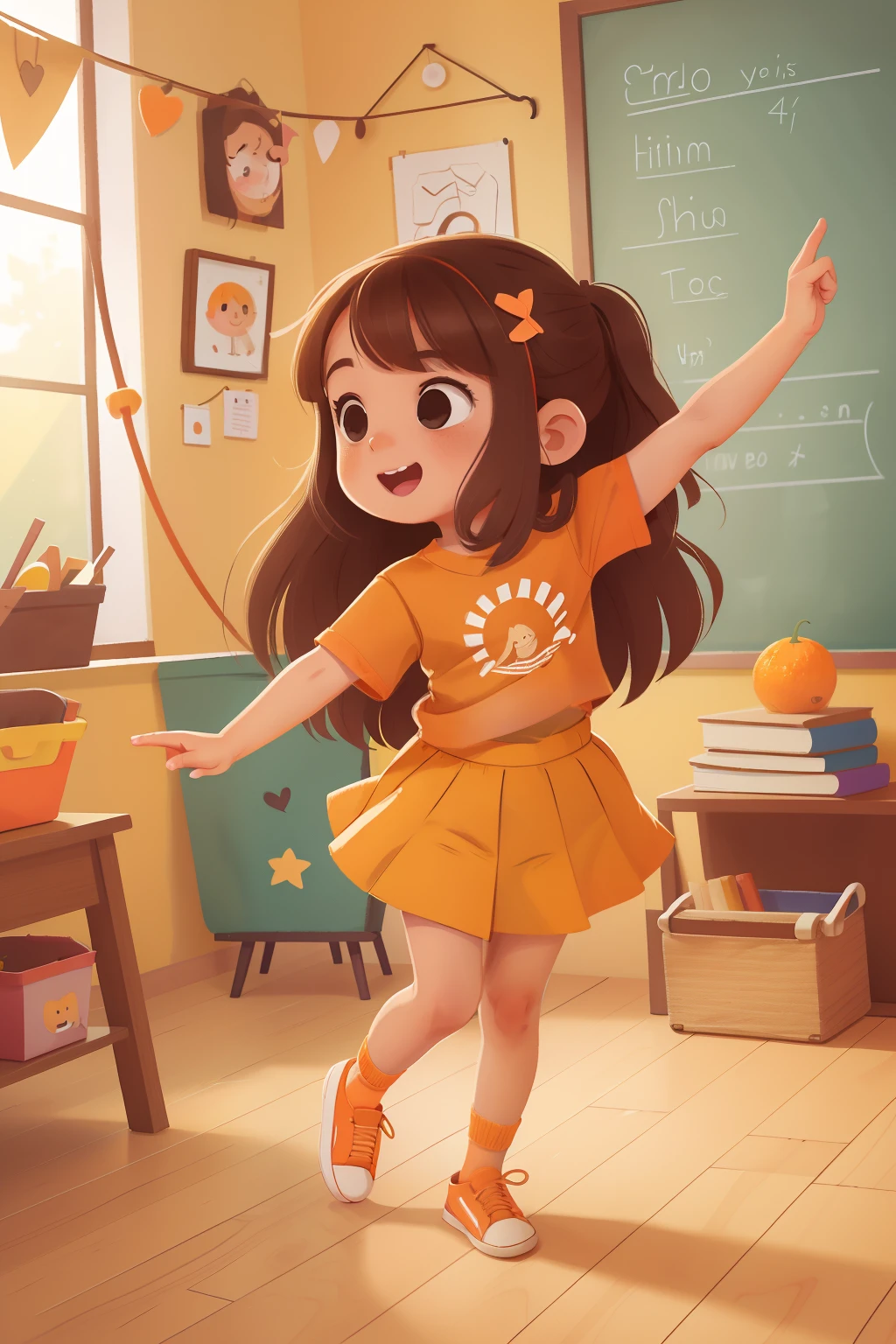 Full Length Little Girl Pose de rosto bonito para vindima, vindima, 4 year old girl, yellow t-shirt, dark brown skirt, orange sneakers, medium brown hair, brown eyes, Happy, Dancing in the classroom with long hair and expressive eyes, music playing