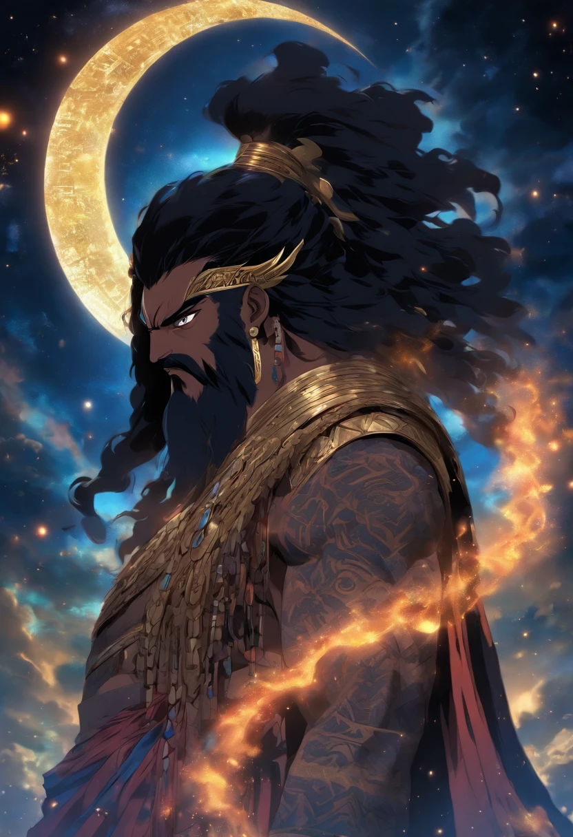(((NANA)) best quality, ultra-high resolution, 4K detailed CG, masterpiece, The Moon God, night, black beard,Sumerian clothing, Sumerian mythology, ((STANDING POSE)), Sumerian painting, aesthetic , centered on the screen