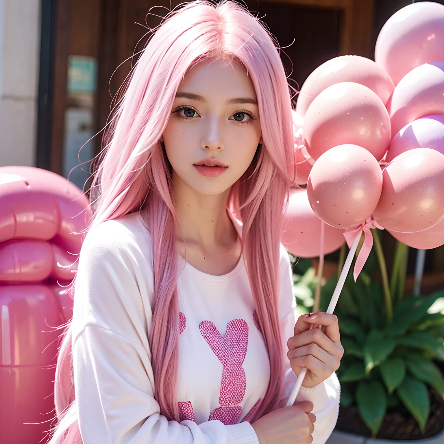 White girl with long pink hair holding a lollipop