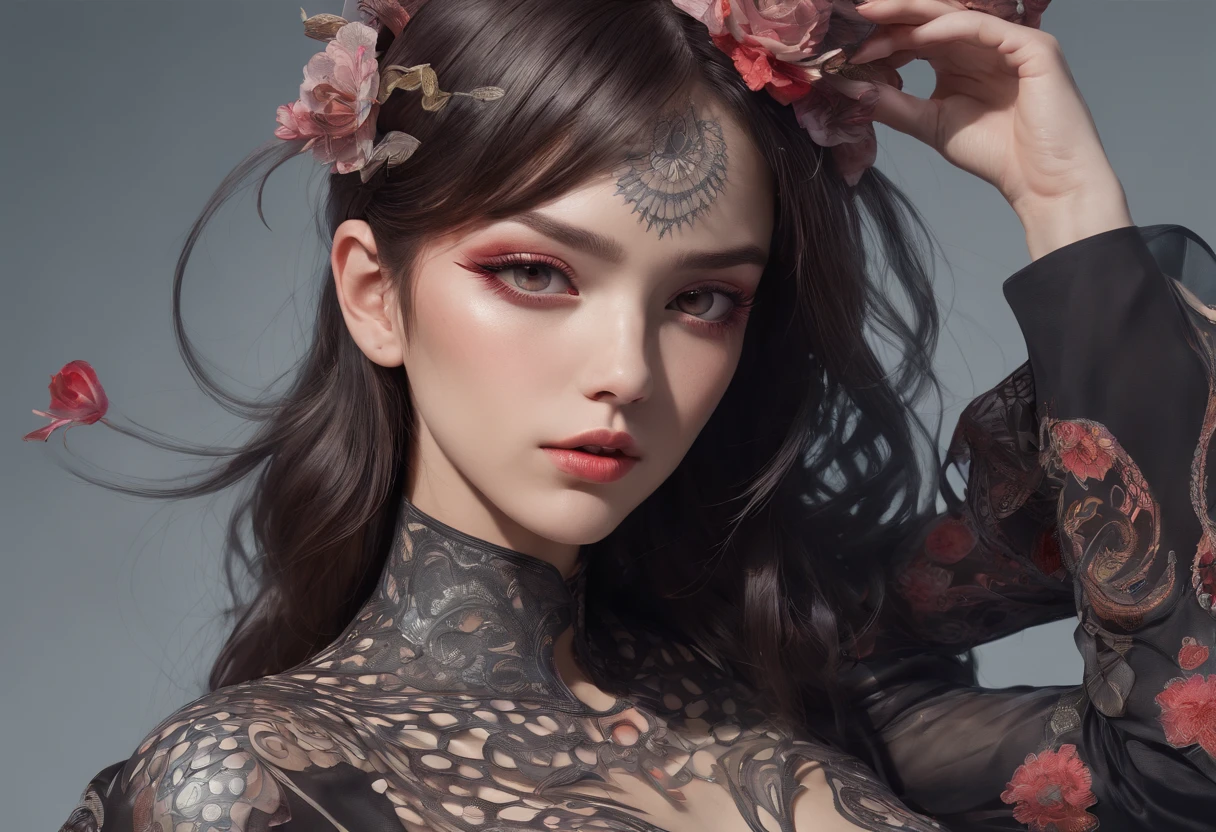 photorealistic, official art, unity 8k wallpaper, ultra detailed, beautiful and aesthetic, masterpiece, best quality, ((zentangle, mandala, tangle, entangle)), (trippy color light:1.3), ecstasy of color, 1girl, waist up, extremely detailed, dynamic pose, the most beautiful form of chaos, elegant, a brutalist designed, vivid colours, romanticism, deep shadow This could be an action hero, an athlete, or someone engaged in an exciting activity that highlights their physical prowess.