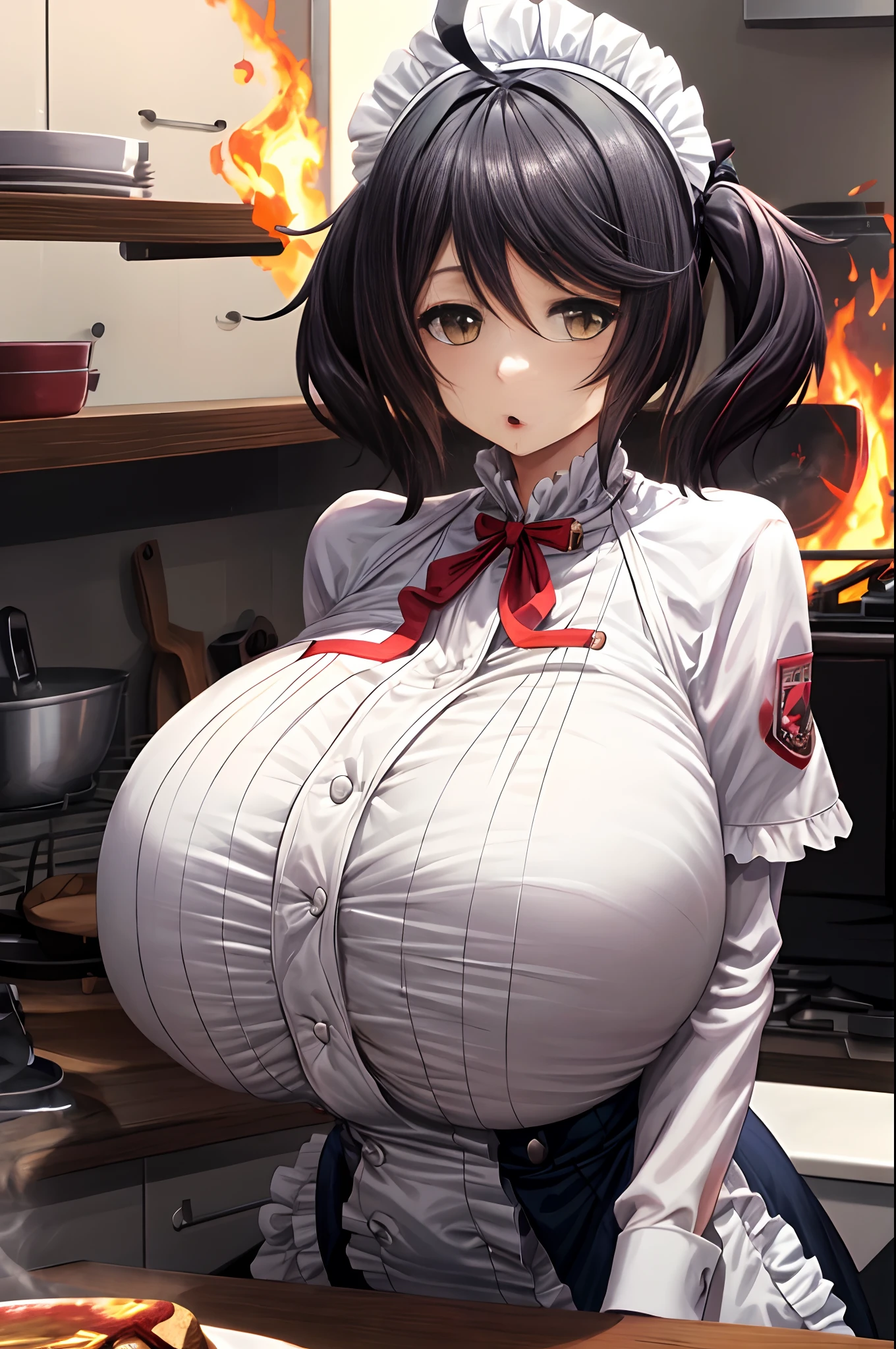 masterpiece, best quality, 1girl , ((Huge breasts)),(huge-breasted:1.85),Bursting chest,narrowwaist,Rocket Tits,Giant bra, black hair, ahoge,hairband, maid outfit, looking at viewer, panic, messy kitchen, fire, kitchen background