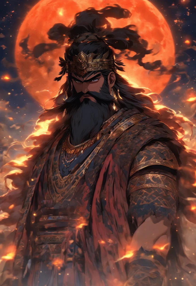 (((NANA)) best quality, ultra-high resolution, 4K detailed CG, masterpiece, The Moon God, night, black beard,Sumerian clothing, Sumerian mythology, ((STANDING POSE)), Sumerian painting, aesthetic , centered on the screen