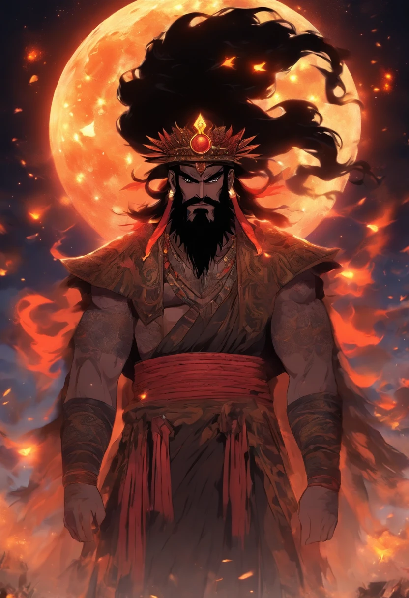 (((NANA)) best quality, ultra-high resolution, 4K detailed CG, masterpiece, The Moon God, night, black beard,Sumerian clothing, Sumerian mythology, ((STANDING POSE)), Sumerian painting, aesthetic , centered on the screen
