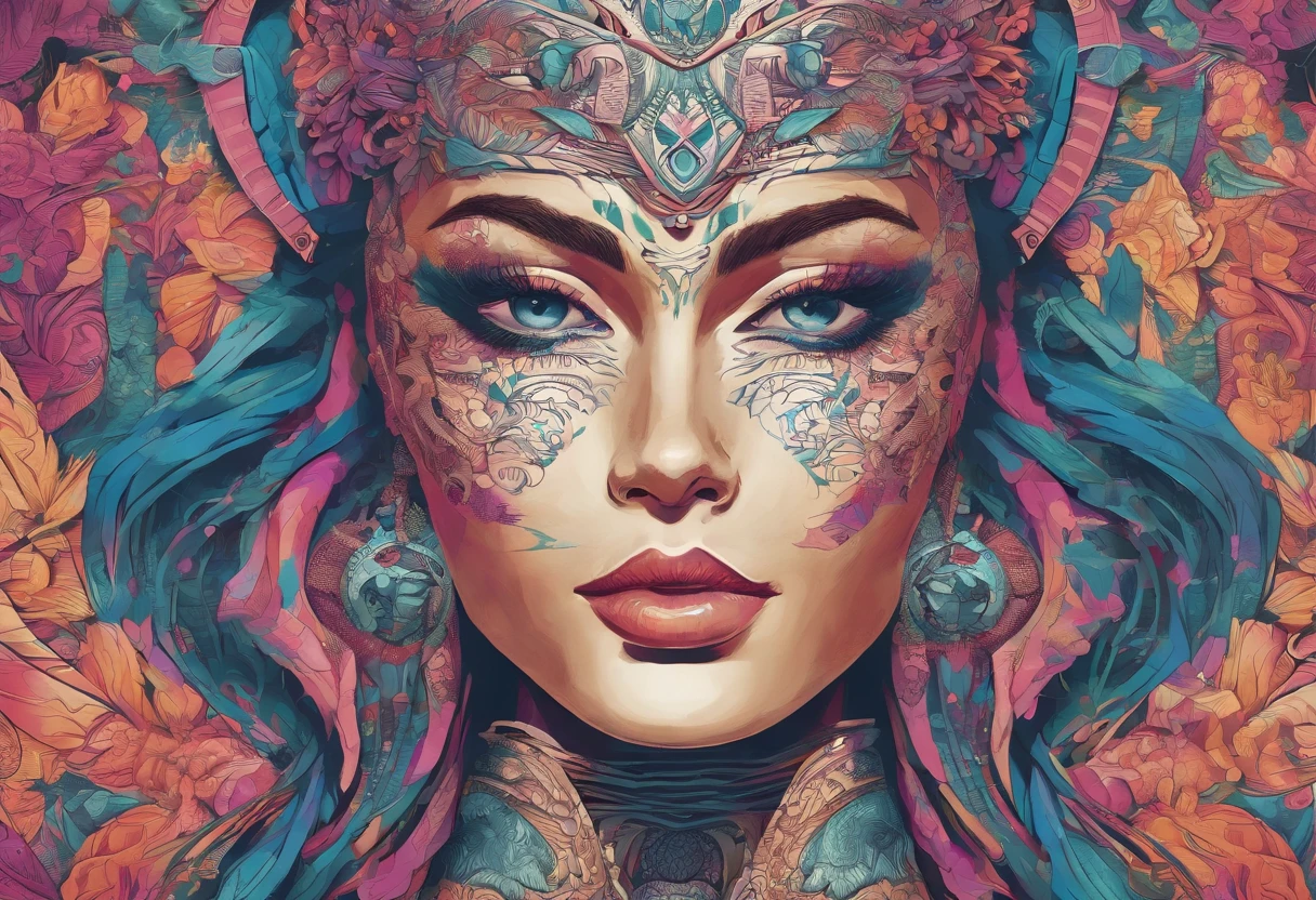 photorealistic, official art, unity 8k wallpaper, ultra detailed, beautiful and aesthetic, masterpiece, best quality, ((zentangle, mandala, tangle, entangle)), (trippy color light:1.3), ecstasy of color, 1girl, waist up, extremely detailed, dynamic pose, the most beautiful form of chaos, elegant, a brutalist designed, vivid colours, romanticism, deep shadow This could be an action hero, an athlete, or someone engaged in an exciting activity that highlights their physical prowess. Showcase the elegance and sophistication of attire and posture.