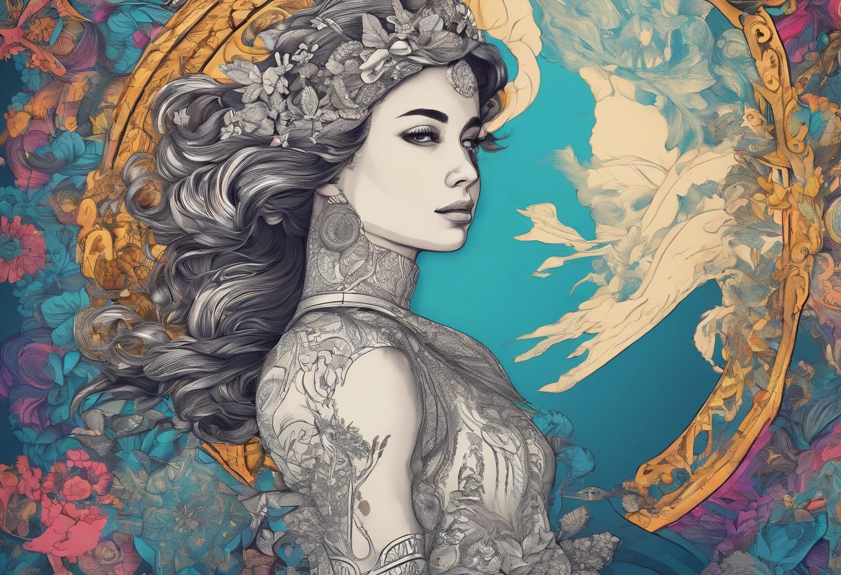 photorealistic, official art, unity 8k wallpaper, ultra detailed, beautiful and aesthetic, masterpiece, best quality, ((zentangle, mandala, tangle, entangle)), (trippy color light:1.3), ecstasy of color, 1girl, waist up, extremely detailed, dynamic pose, the most beautiful form of chaos, elegant, a brutalist designed, vivid colours, romanticism, deep shadow This could be an action hero, an athlete, or someone engaged in an exciting activity that highlights their physical prowess. Showcase the elegance and sophistication of attire and posture.