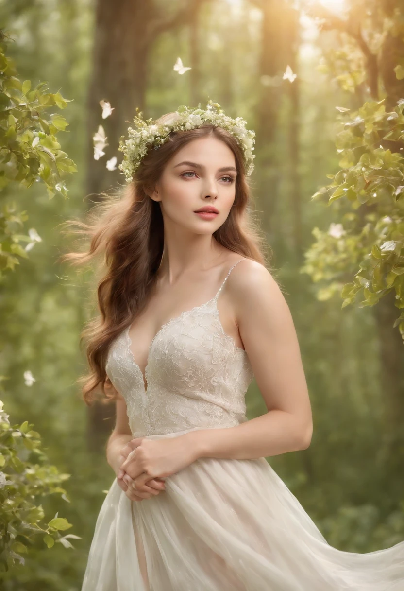 (best quality,4k,8k,highres,masterpiece:1.2),ultra-detailed,(realistic,photorealistic,photo-realistic:1.37),illustration,dreamy atmosphere,vibrant colors,soft lighting,detailed textures,lush garden,beautiful girl with flowing hair,sparkling eyes,rosy lips,fairy-like dress,gentle breeze,whimsical flowers,butterflies and fireflies,sunlight filtering through trees,nurturing environment,endless beauty,tranquil and enchanting,storybook-like scenery,ethereal and magical.