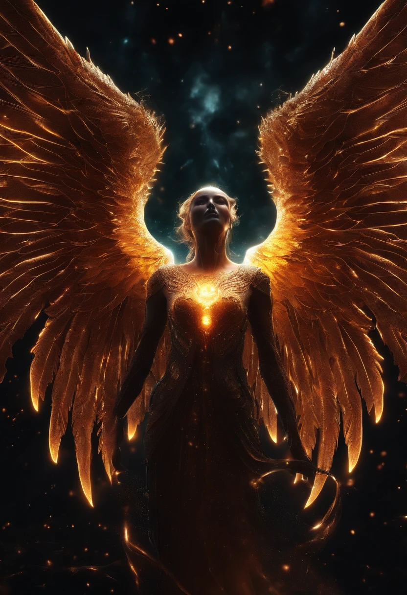 Cosmic Fallen Angel, glowing light eyes, Biomechanical, eerie, Creepy, nightmarish, Very bright colors, Light particles, with light glowing, Mshiv, wallpaper art, UHD wallpaper