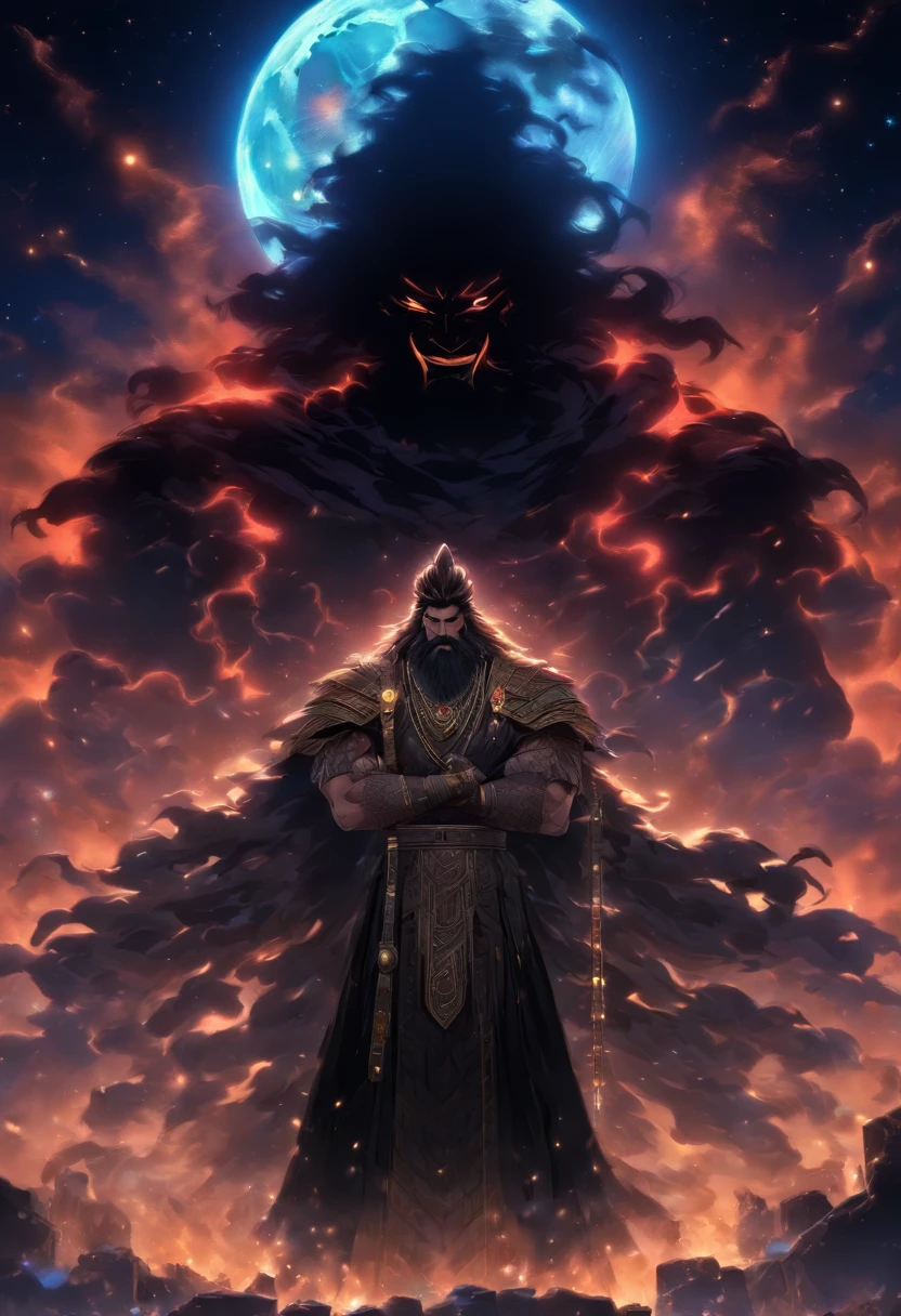(((NANA)) best quality, ultra-high resolution, 4K detailed CG, masterpiece, The Moon God, night, black beard,Sumerian clothing, Sumerian mythology, ((STANDING POSE)), Sumerian painting, aesthetic , centered on the screen