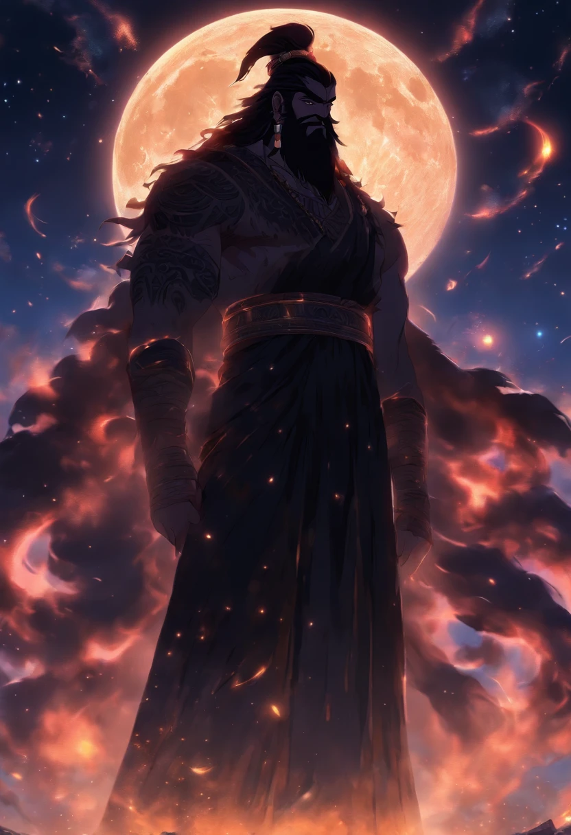(((NANA)) best quality, ultra-high resolution, 4K detailed CG, masterpiece, The Moon God, night, black beard,Sumerian clothing, Sumerian mythology, ((STANDING POSE)), Sumerian painting, aesthetic , centered on the screen