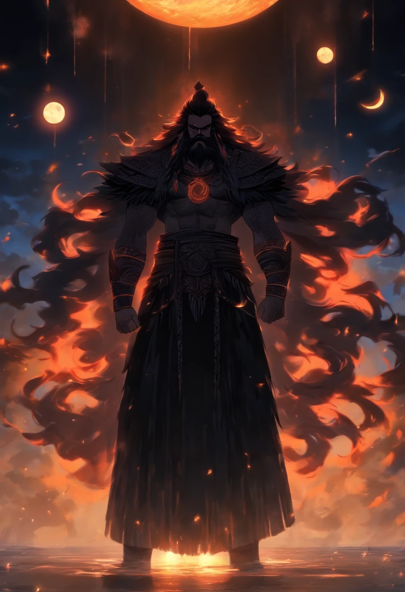 (((NANA)) best quality, ultra-high resolution, 4K detailed CG, masterpiece, The Moon God, night, black beard,Sumerian clothing, Sumerian mythology, ((STANDING POSE)), Sumerian painting, aesthetic , centered on the screen