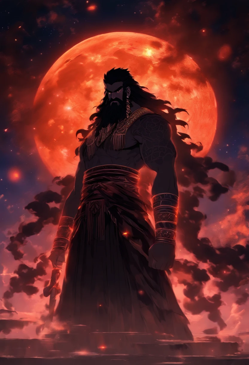 (((NANA)) best quality, ultra-high resolution, 4K detailed CG, masterpiece, The Moon God, night, black beard,Sumerian clothing, Sumerian mythology, ((STANDING POSE)), Sumerian painting, aesthetic , centered on the screen