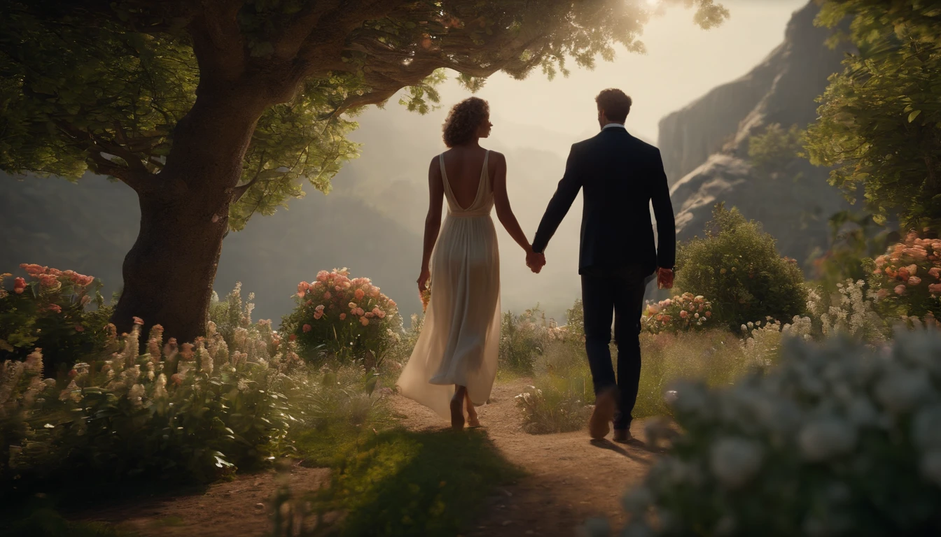 A man and a woman walking in the garden, naked, the creation (extremely detailed CG unity 8k wallpaper, masterpiece, best quality, ultra-detailed, beautiful detailed eyes:1.2),best illumination, (best shadow, an extremely delicate and beautiful, bloom), masterpiece, best quality:1.1, realistic:1.3, cinematic lighting:1.2, in the dark cavern:1.5, ultra photoreal, photorealistic:1.0, sharp focus:1.1, depth of field:1.1, 50mm