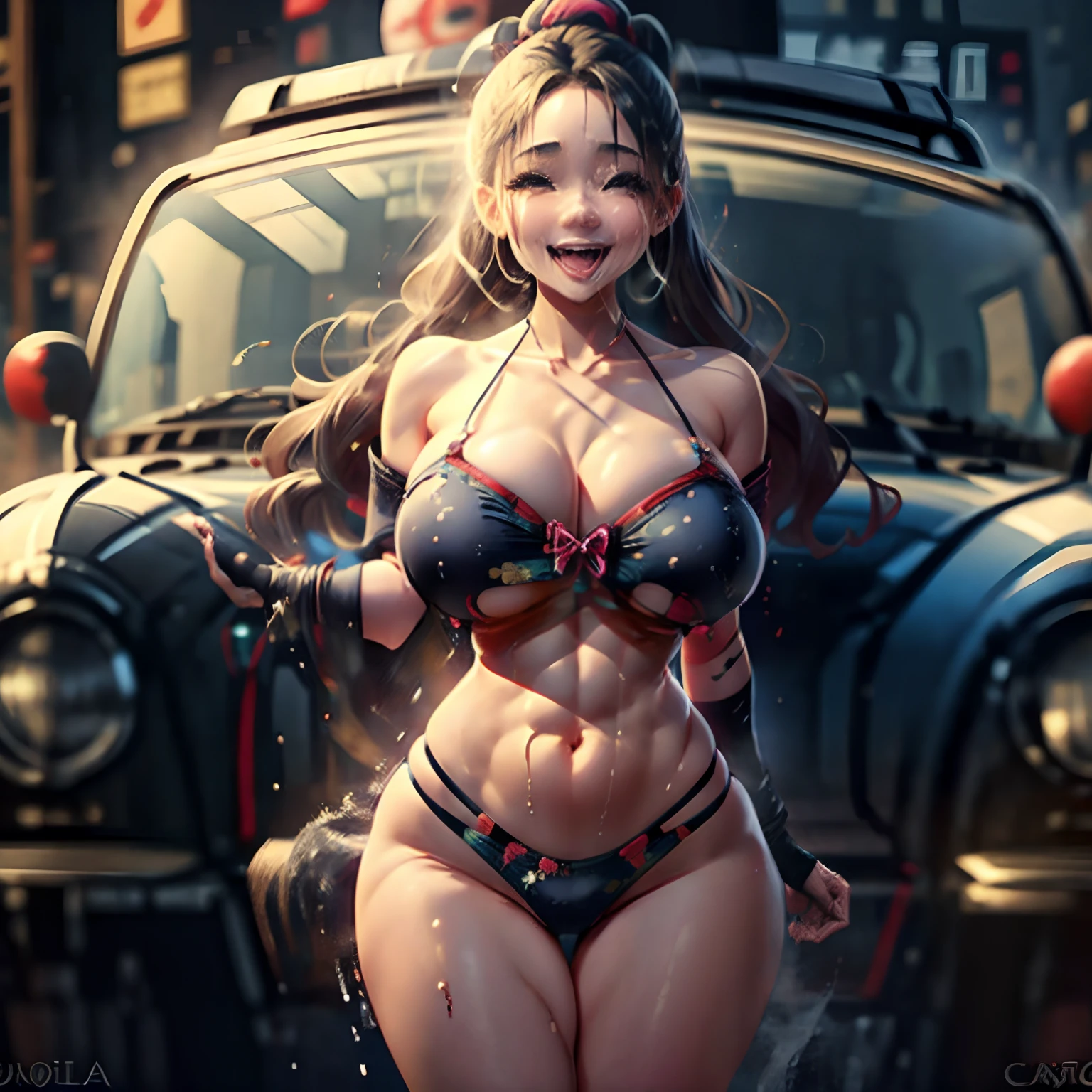 Joven asiatica de enormes tetas y culo, cadera ancha, fit, en un bikini ajustado, sonriendo y sonrojada