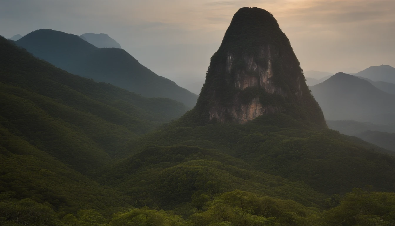 Pedra Dourada is 1,100 meters above sea level. Buddhists believe that it is Buddha's hair that balances the rock, which has withstood earthquakes and cyclones, Vivid and clear professional photos, and in the background there is a very soft flute sound, photorealistic, 16k, Sunreal Photography, Cinematic